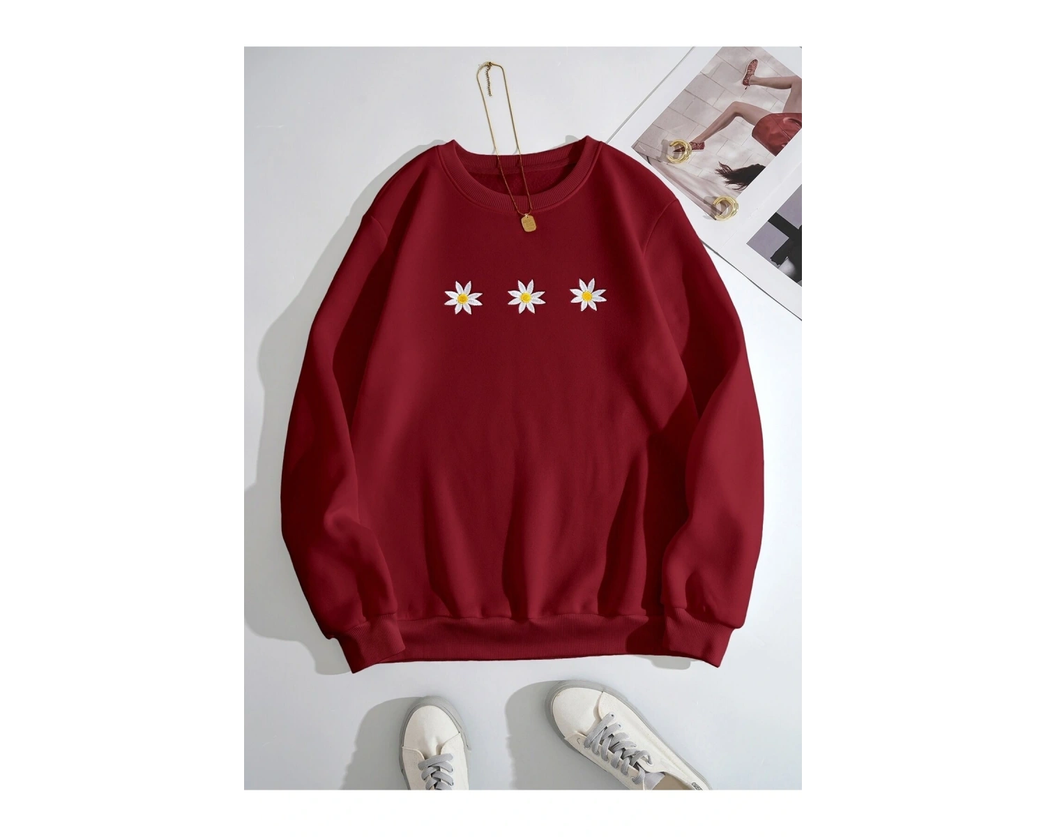 KOD ADR-SHEN EZwear Floral Embroidery Thermal Lined Sweatshirt