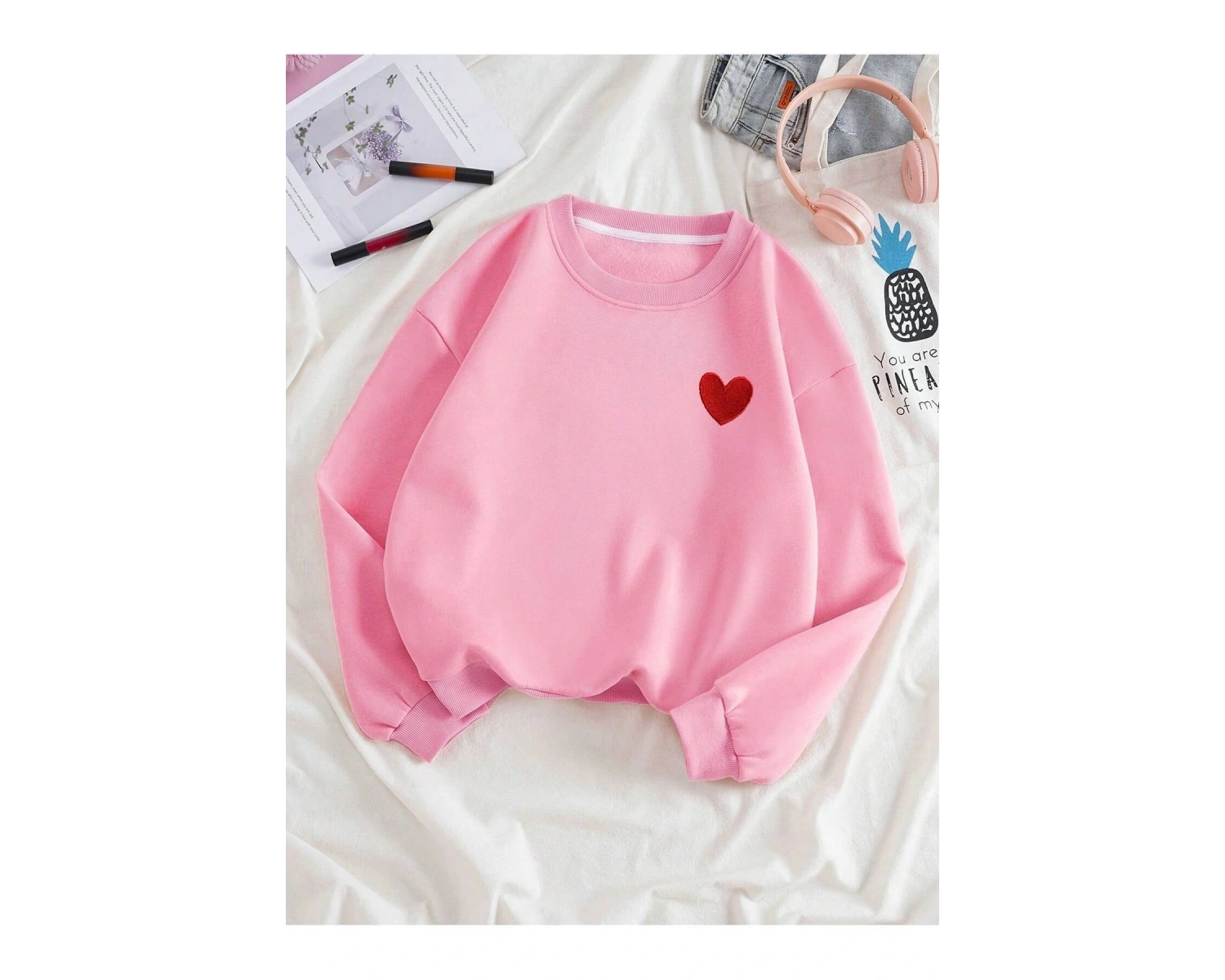 KOD ADR-SHEN EZwear Heart Print Lined Sweatshirt BEBE MAVİ