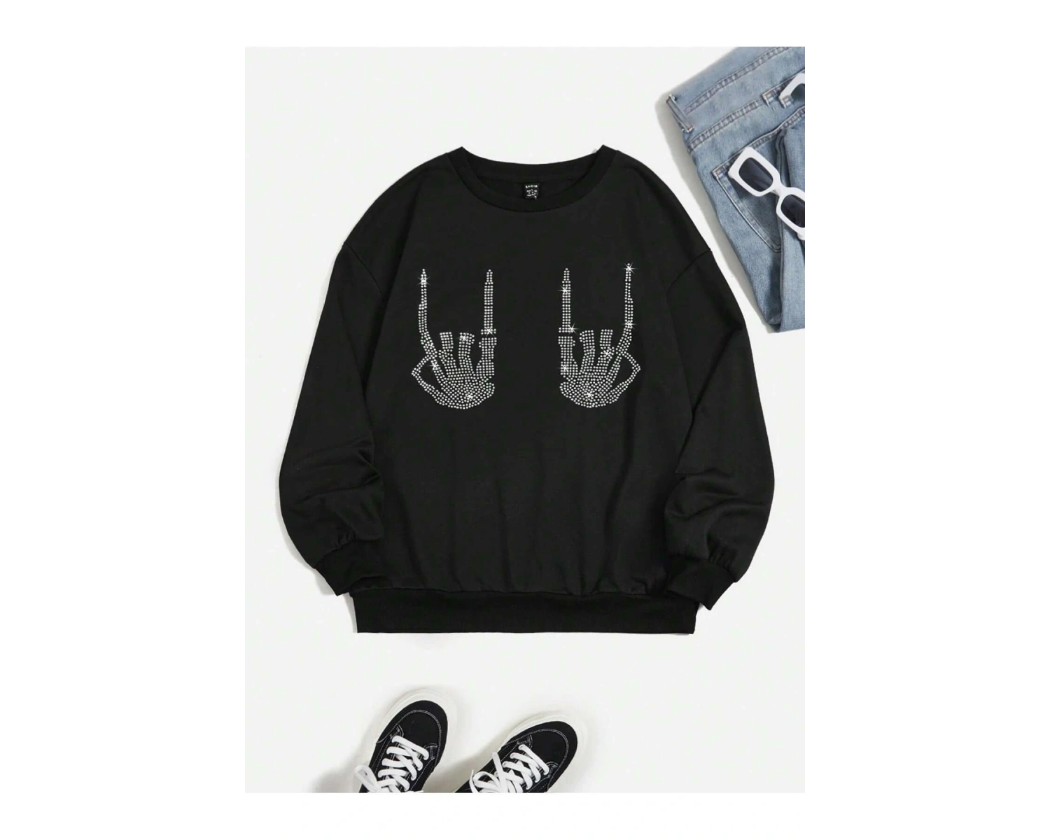KOD ADR-SHEN EZwear Rhinestone Skeleton Finger Pattern Drop Shoulder Sweatshirt Siyah