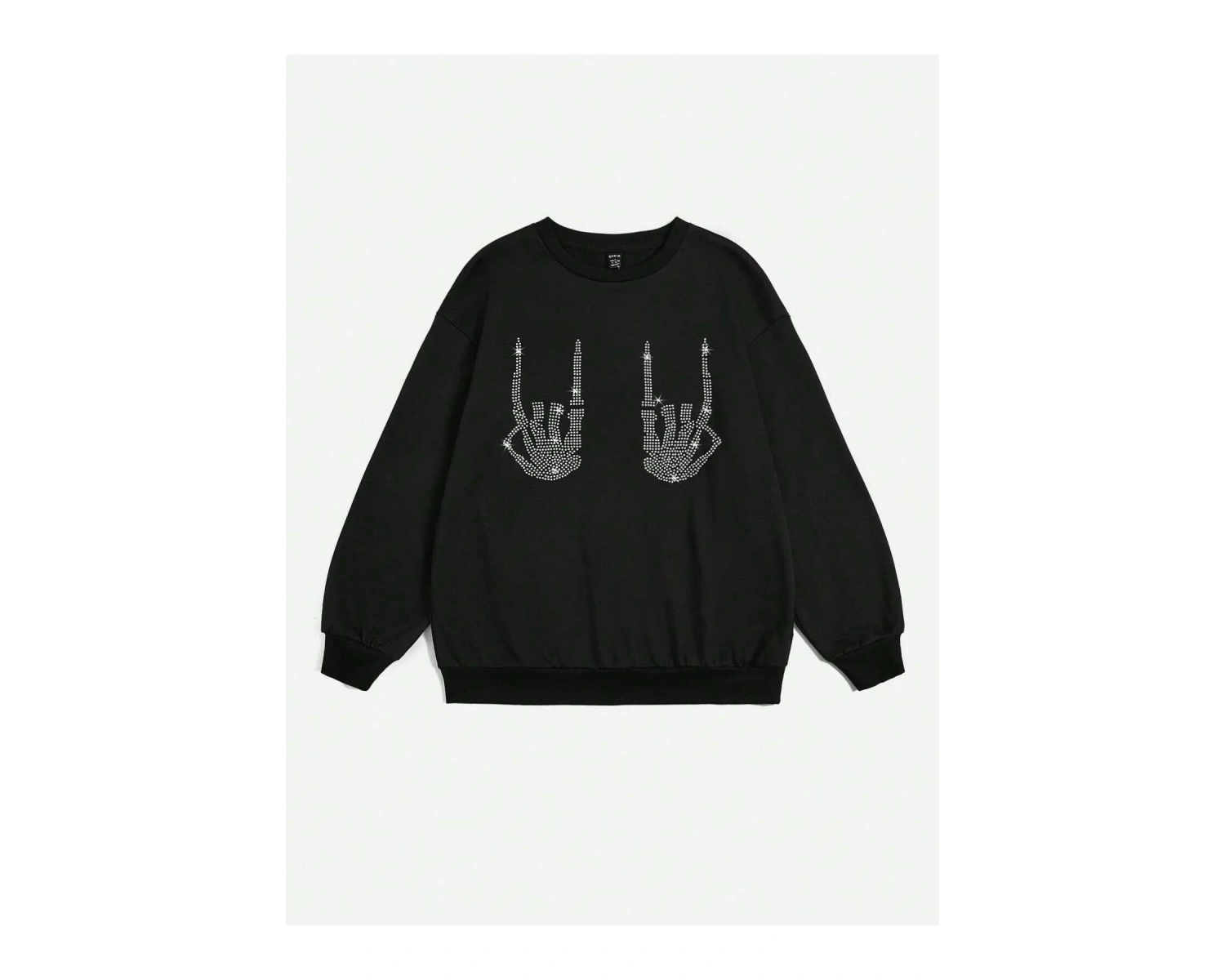 KOD ADR-SHEN EZwear Rhinestone Skeleton Finger Pattern Drop Shoulder Sweatshirt Siyah