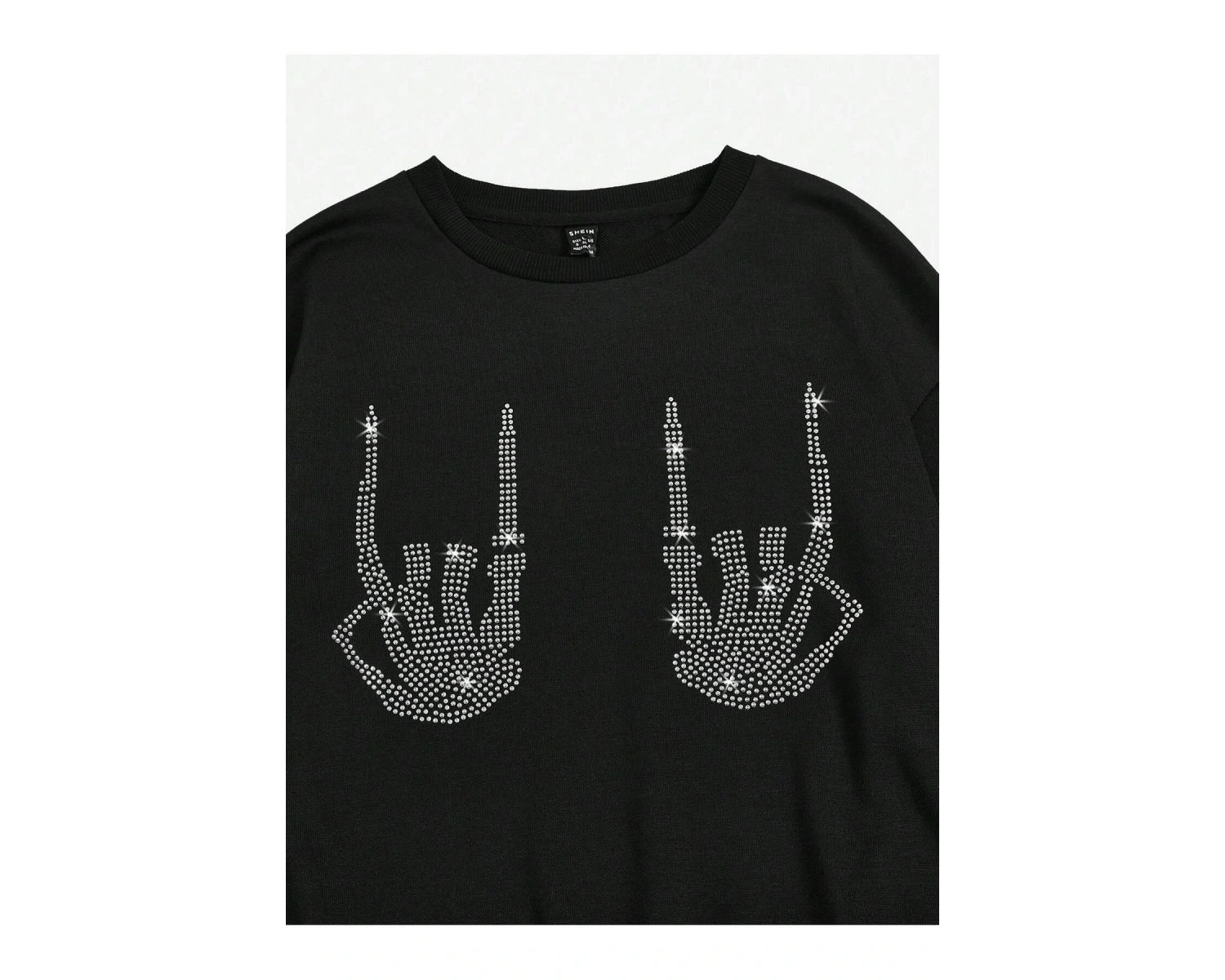 KOD ADR-SHEN EZwear Rhinestone Skeleton Finger Pattern Drop Shoulder Sweatshirt Siyah