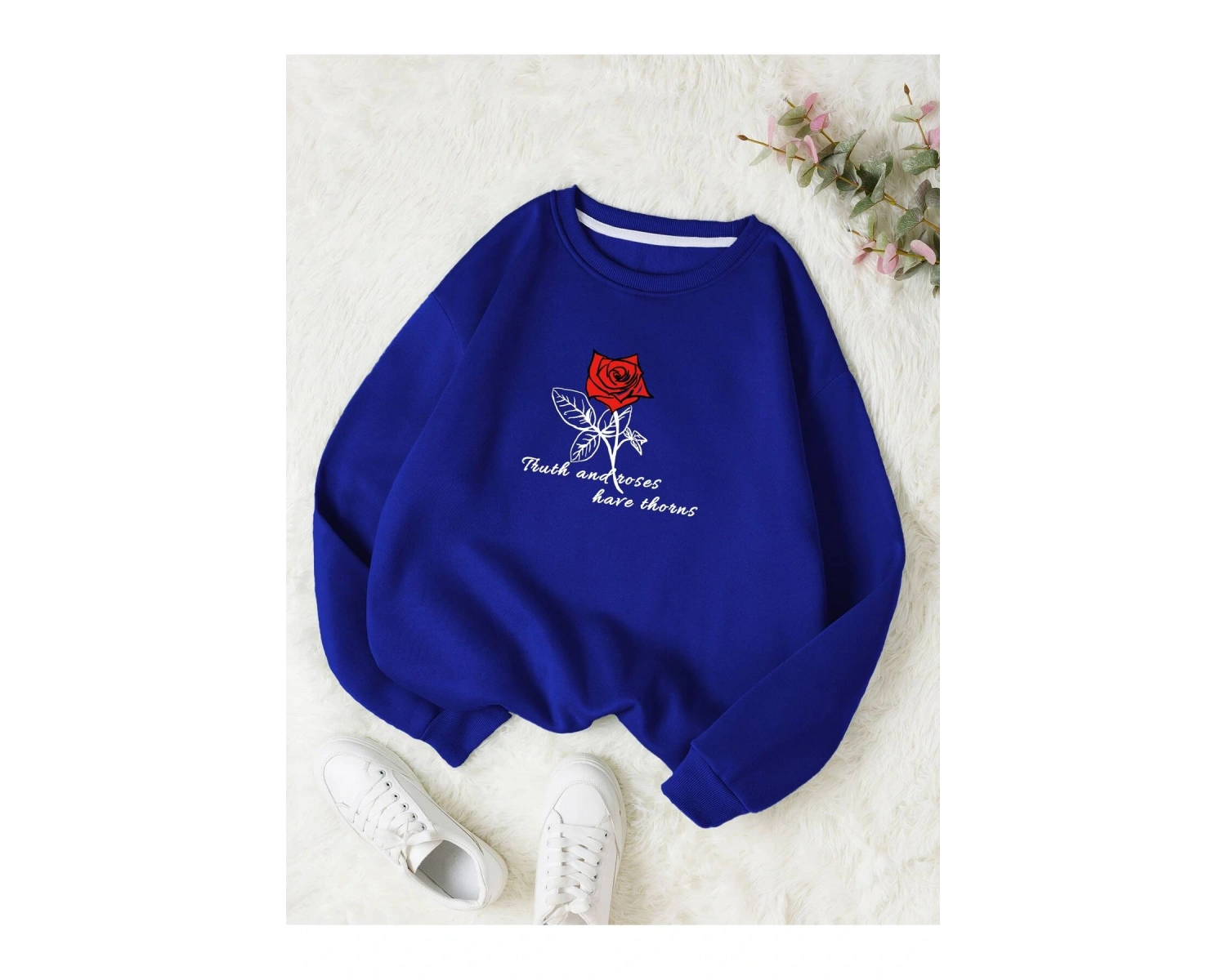 KOD ADR-SHEN EZwear Rose & Slogan Graphic Thermal Pullover