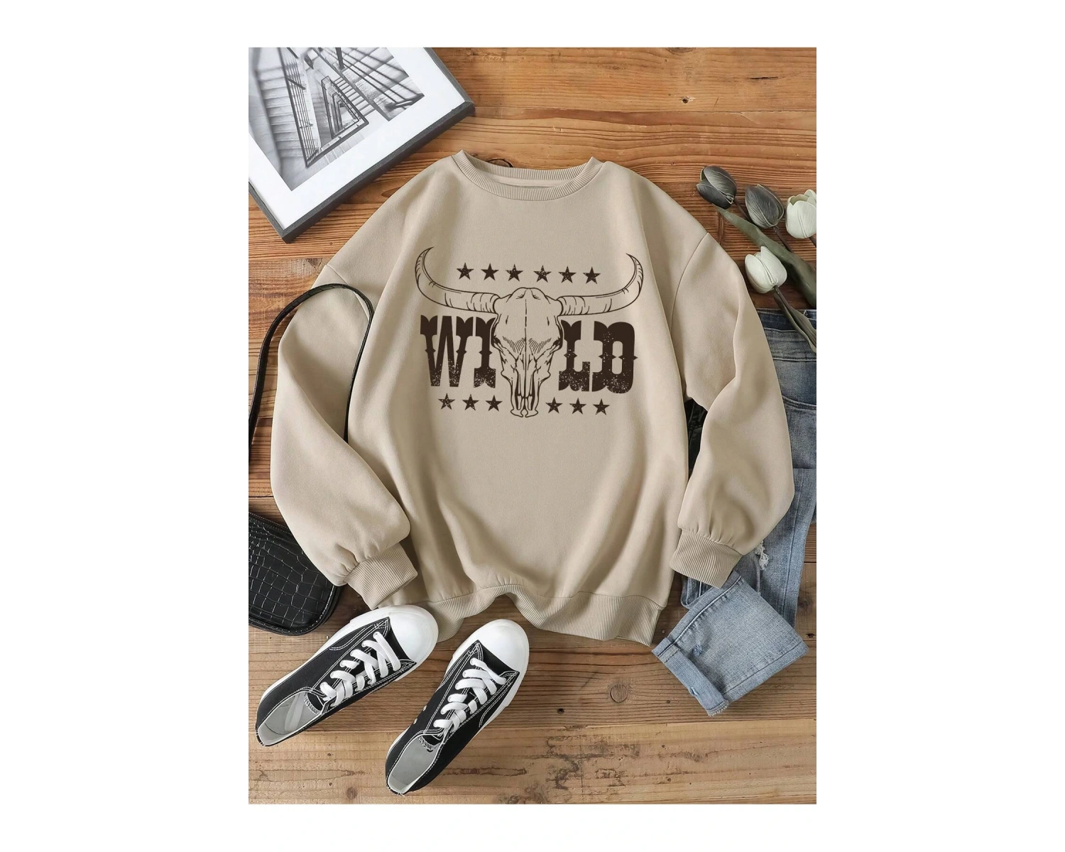 KOD ADR-SHEN LUNE Cattle & Letter Graphic Thermal Lined Sweatshirt
