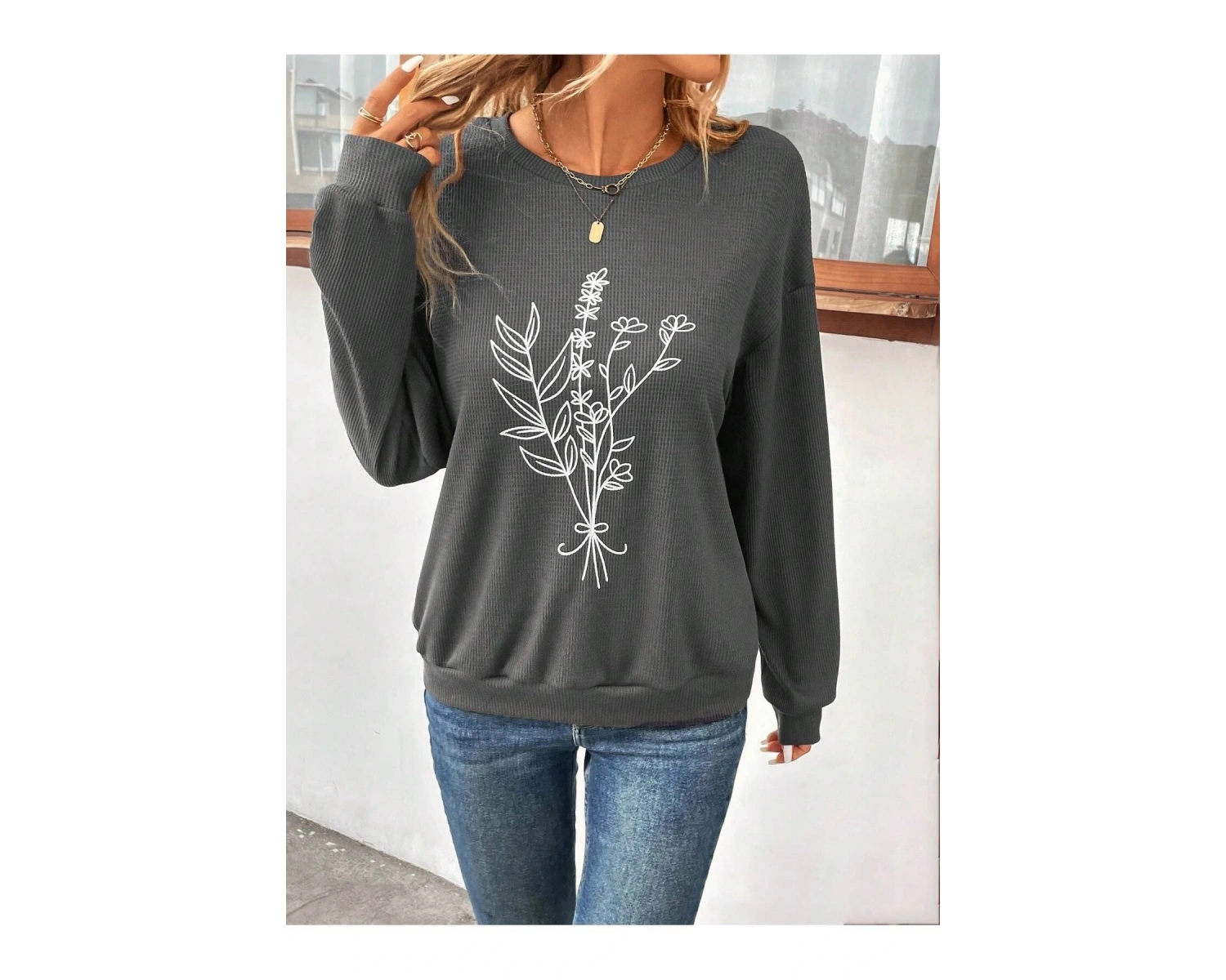 KOD ADR-SHEN LUNE Floral Print Drop Shoulder Sweatshirt Gri