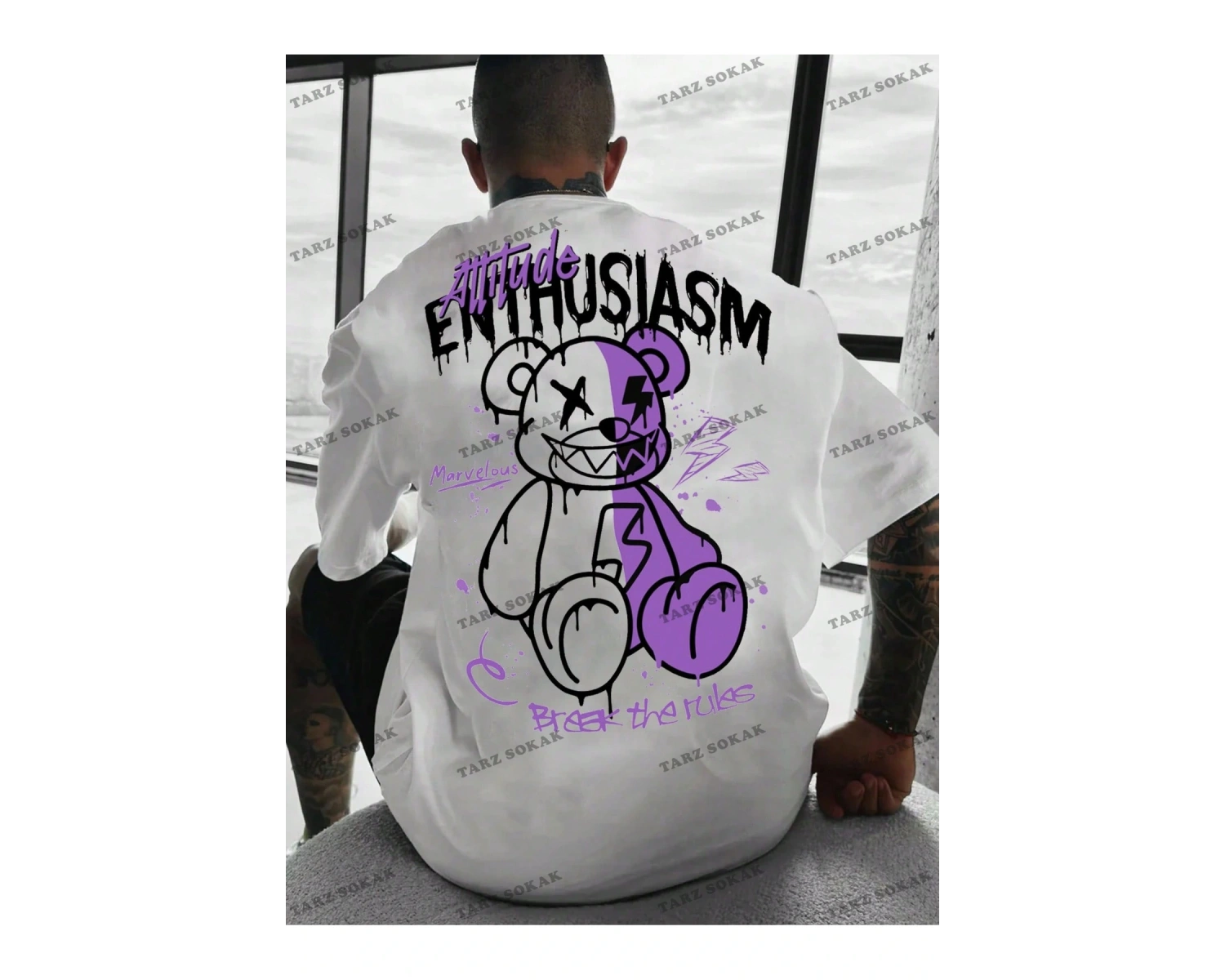 KOD Trend EMRG Erkek Bol Kesim Kısa Kollu Karikatür Ayı ve Harf Baskılı Tişört