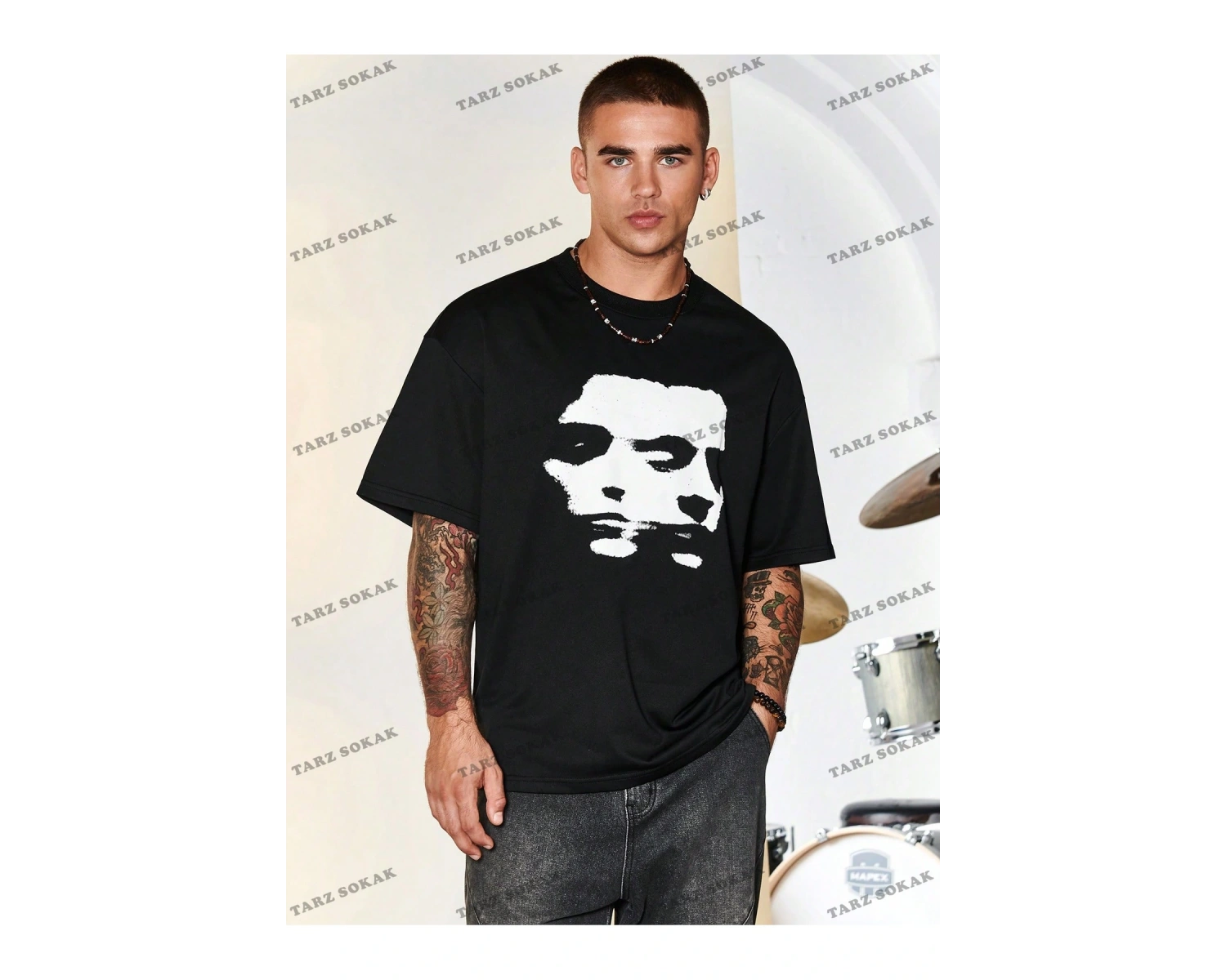 KOD Trend EMRG Loose Fit Erkek Grafik Grafik Düşük Omuz Tişört