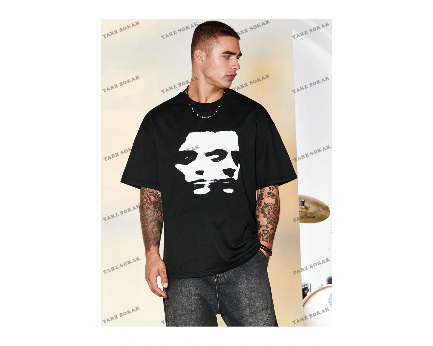 KOD Trend EMRG Loose Fit Erkek Grafik Grafik Düşük Omuz Tişört