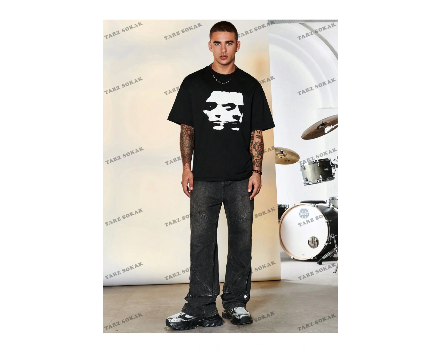 KOD Trend EMRG Loose Fit Erkek Grafik Grafik Düşük Omuz Tişört