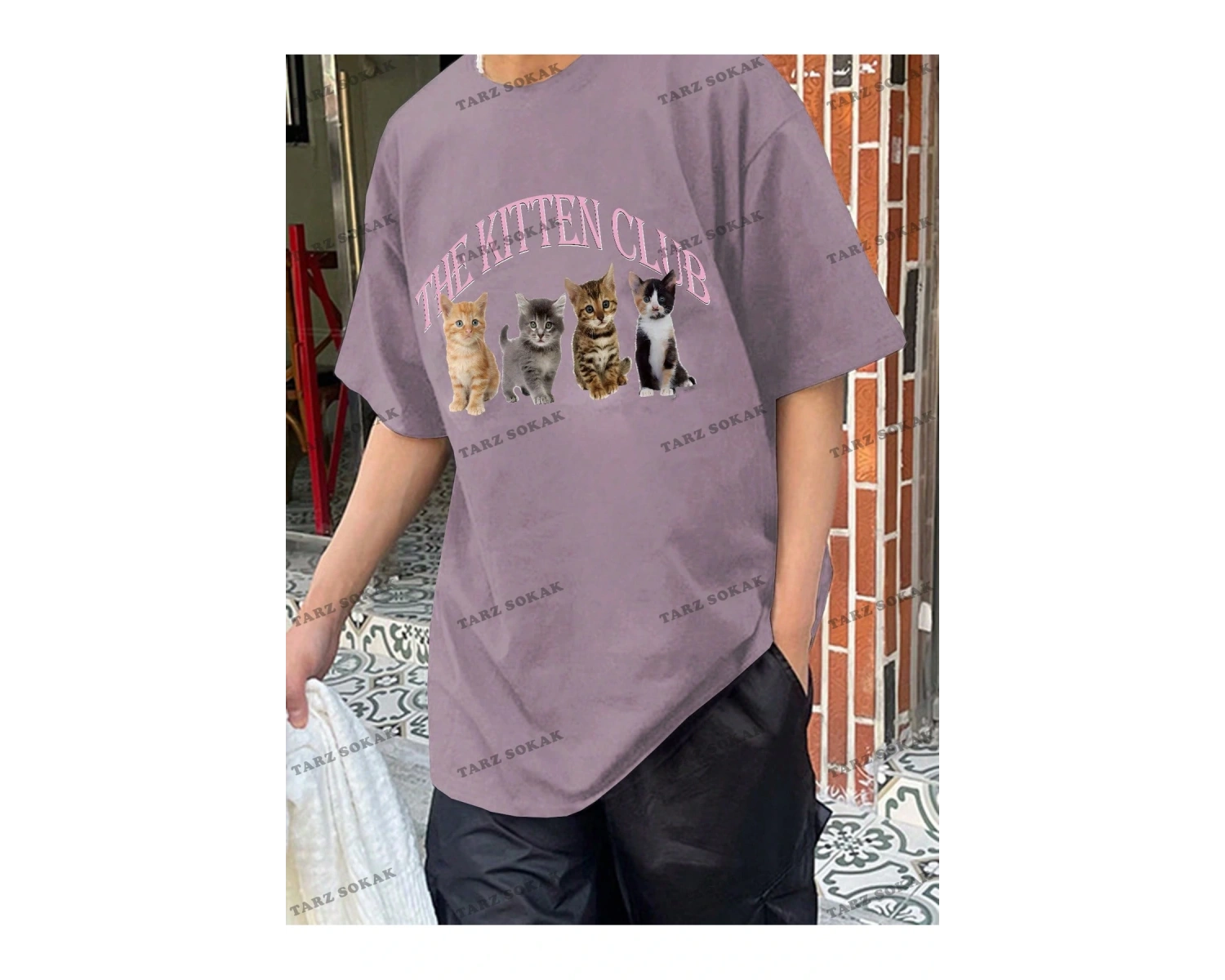 KOD Trend Erkek Baskılı Yuvarlak Yaka Kedi Ve Sloganlı T-Shirt