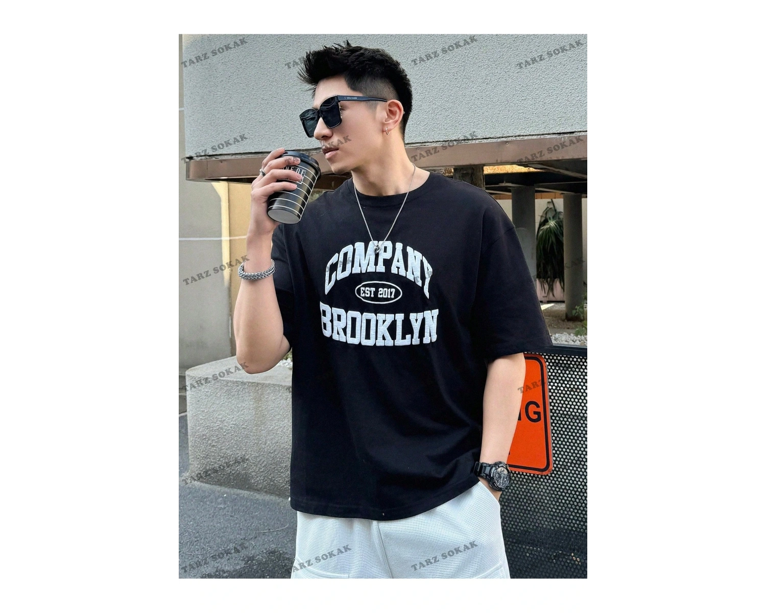 KOD Trend Erkek Harfli Grafik Damla Omuz Tişört