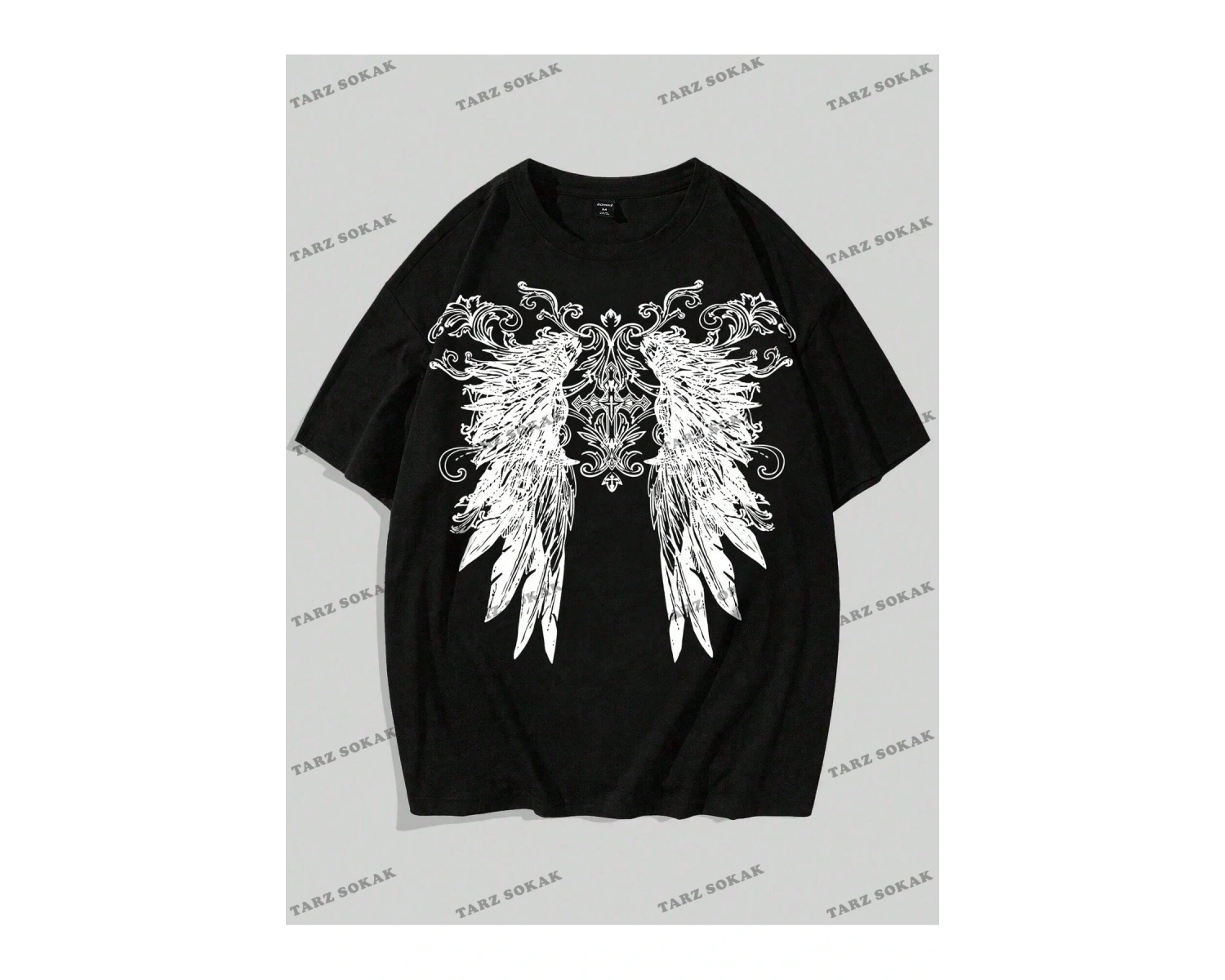 KOD Trend Grunge Punk Erkek Kanat Baskı Yuvarlak Yaka Tişört