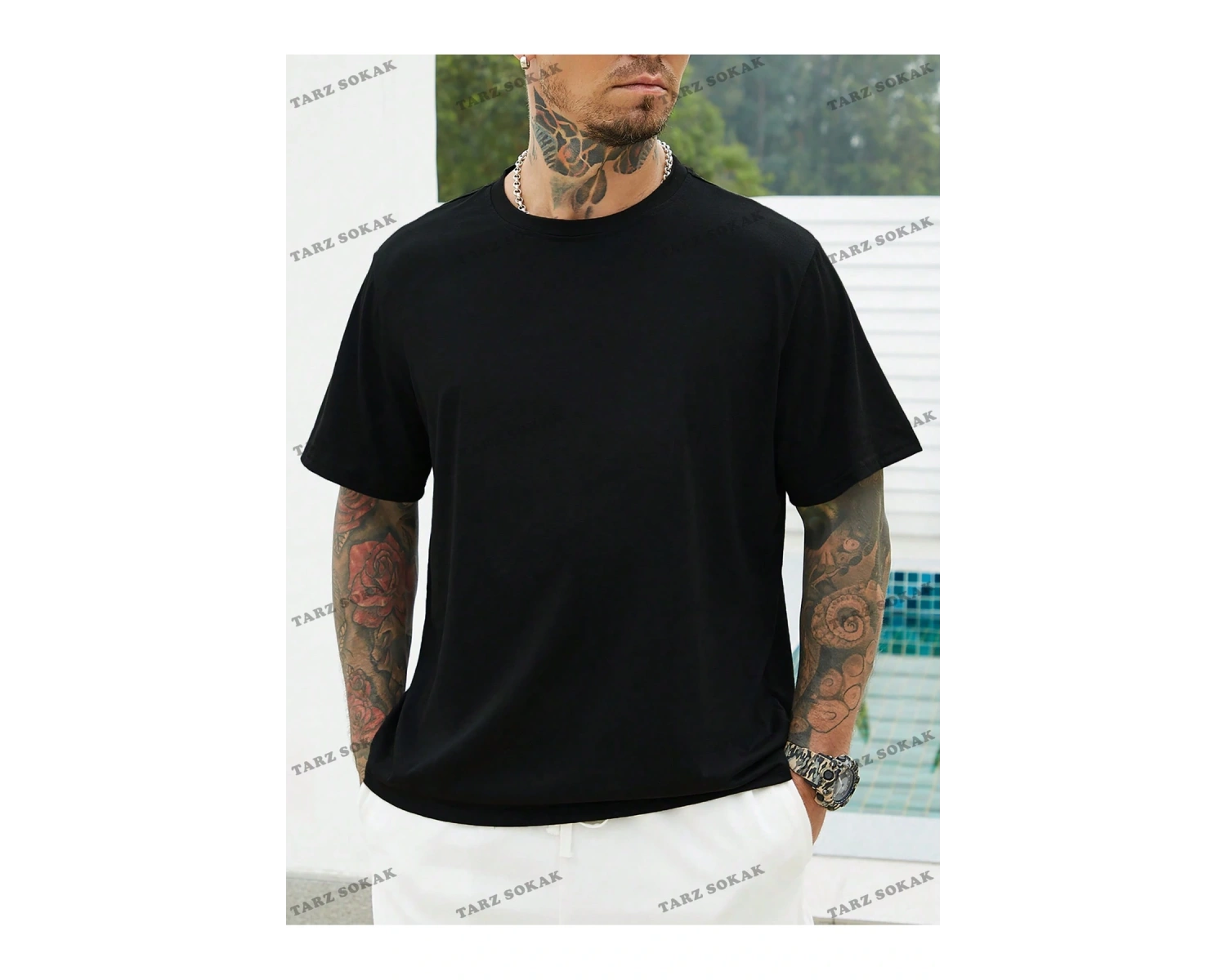 KOD Trend Homme Erkek Plus Katı Yuvarlak Yaka Tişört