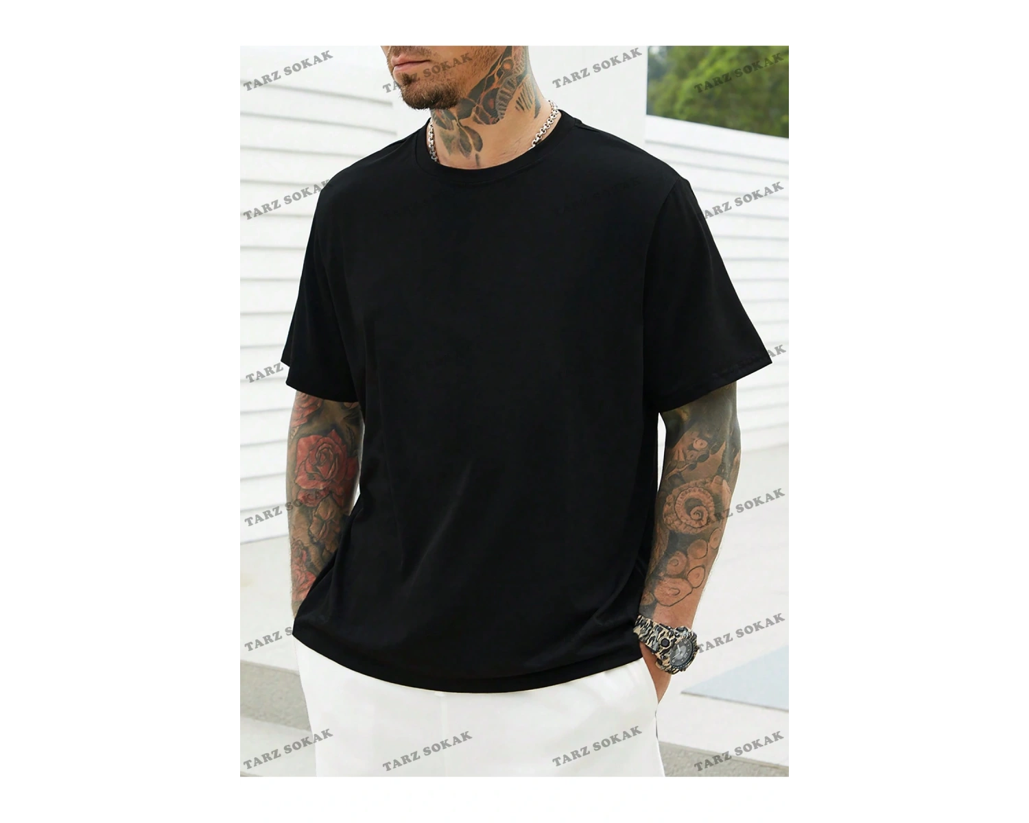 KOD Trend Homme Erkek Plus Katı Yuvarlak Yaka Tişört