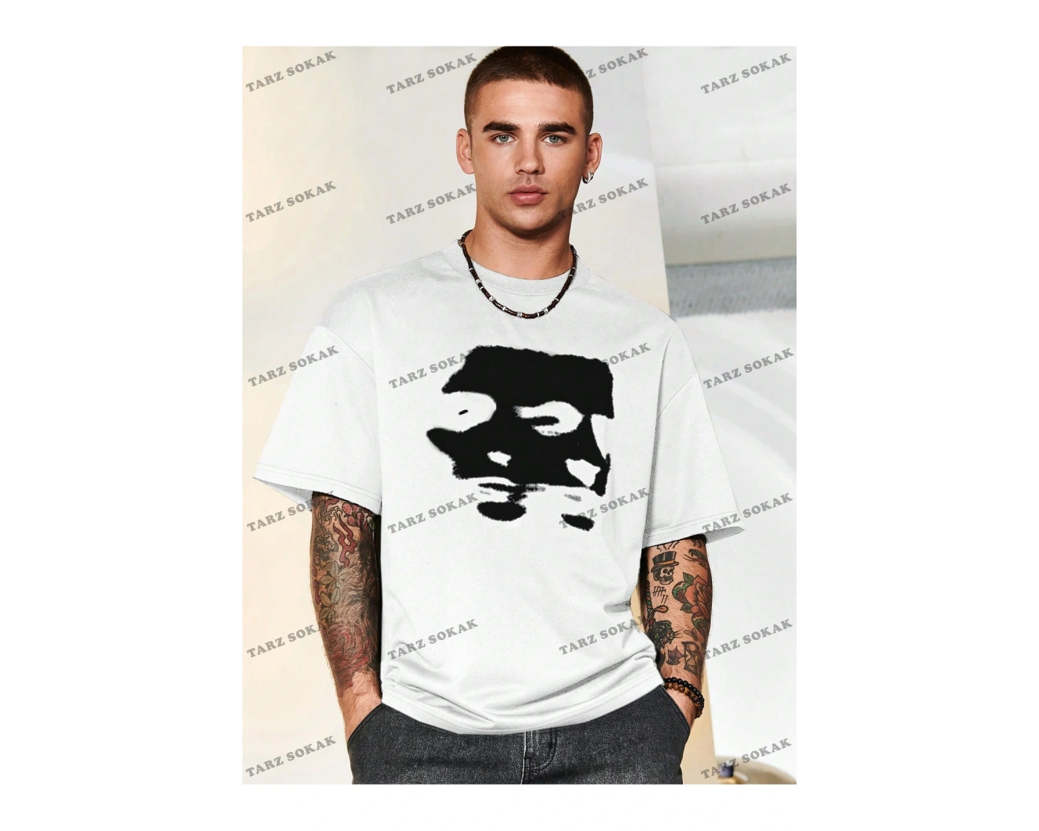 KOD Trend Hypemode Baskılı Karakterli Erkek Gevşek Düşük Omuz Tişört