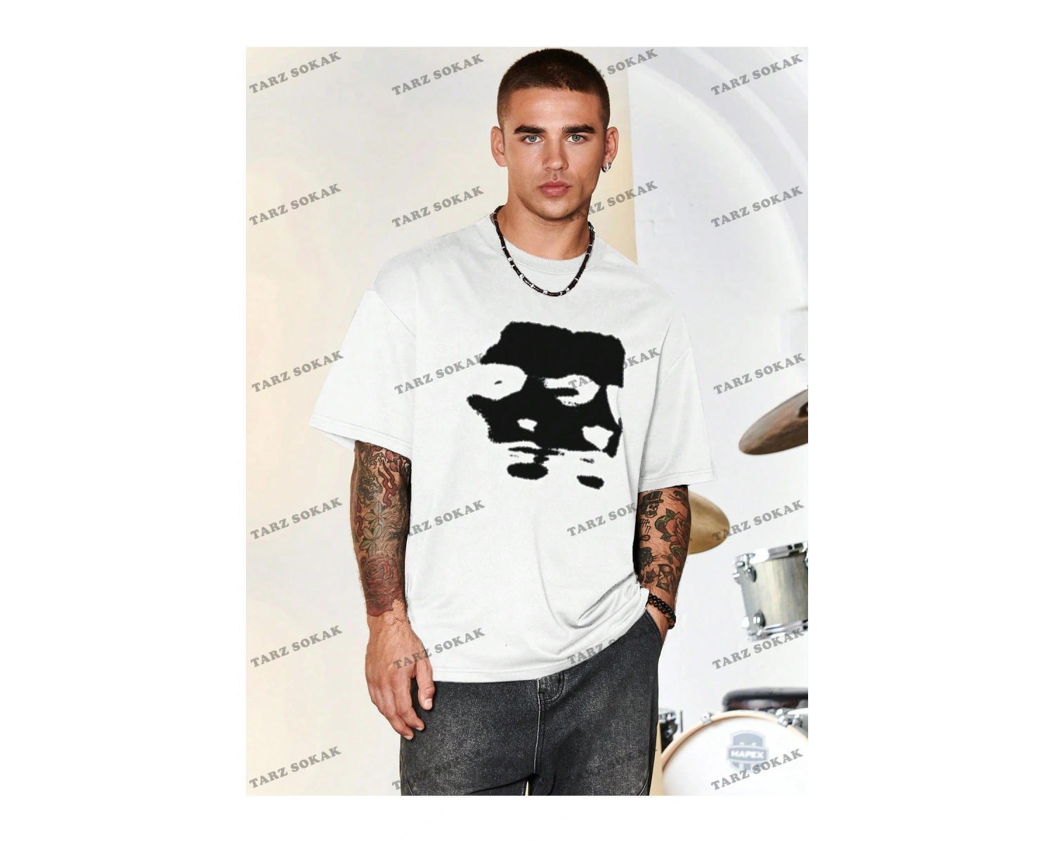 KOD Trend Hypemode Baskılı Karakterli Erkek Gevşek Düşük Omuz Tişört