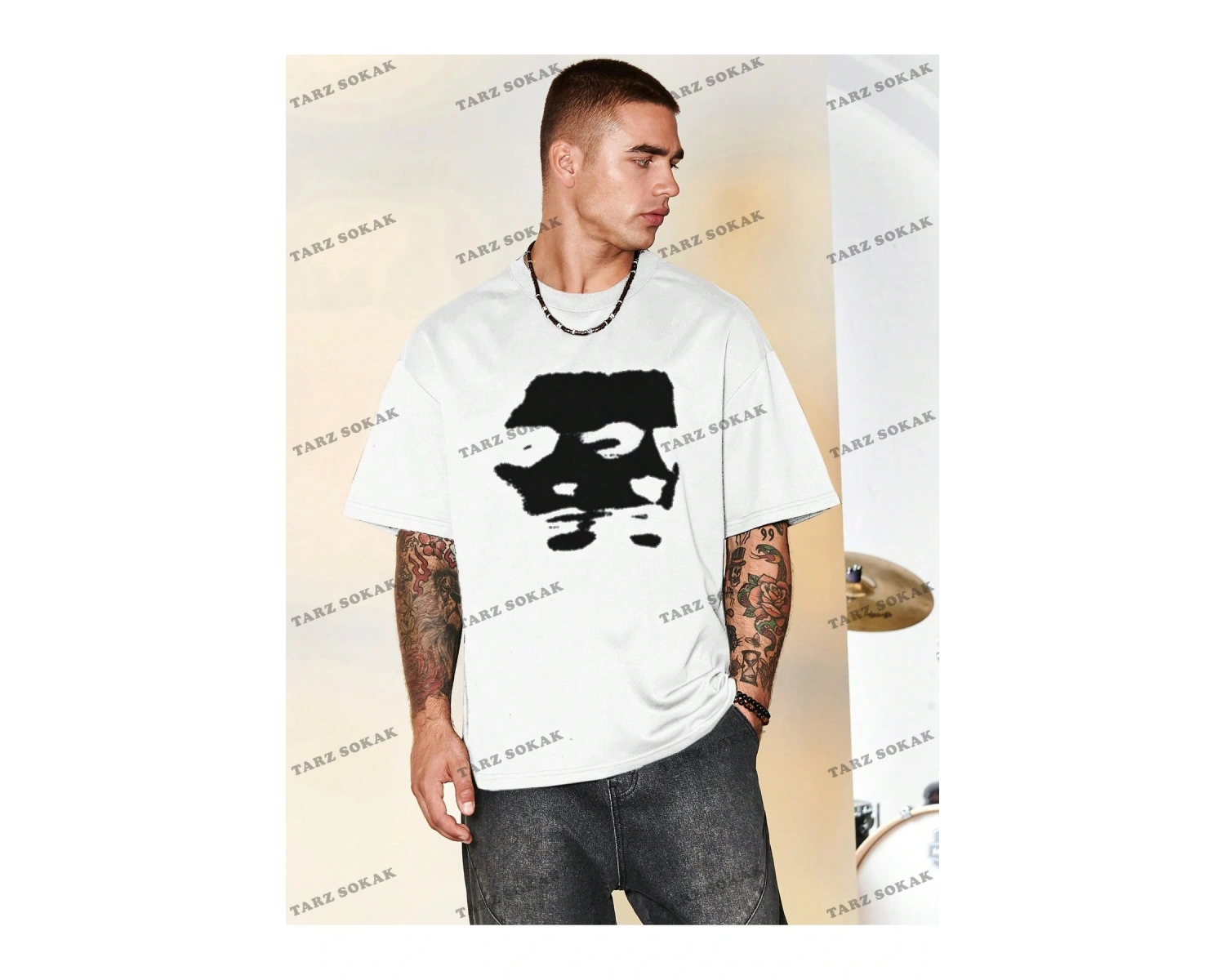 KOD Trend Hypemode Baskılı Karakterli Erkek Gevşek Düşük Omuz Tişört