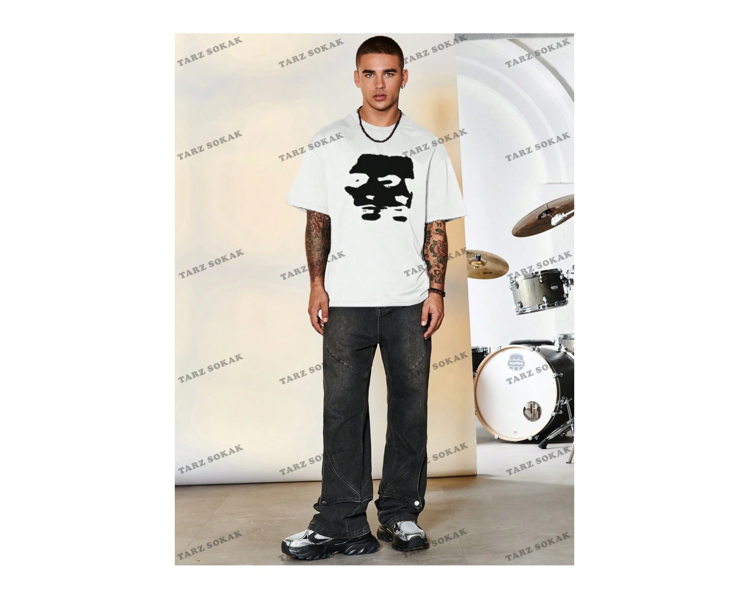 KOD Trend Hypemode Baskılı Karakterli Erkek Gevşek Düşük Omuz Tişört