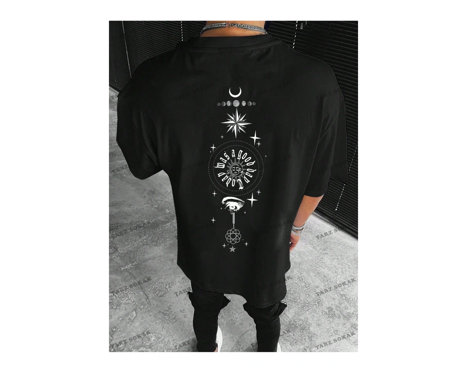 KOD Trend Hypemode Erkek Plus Güneş ve Ay Baskılı Damla Omuz Tişört