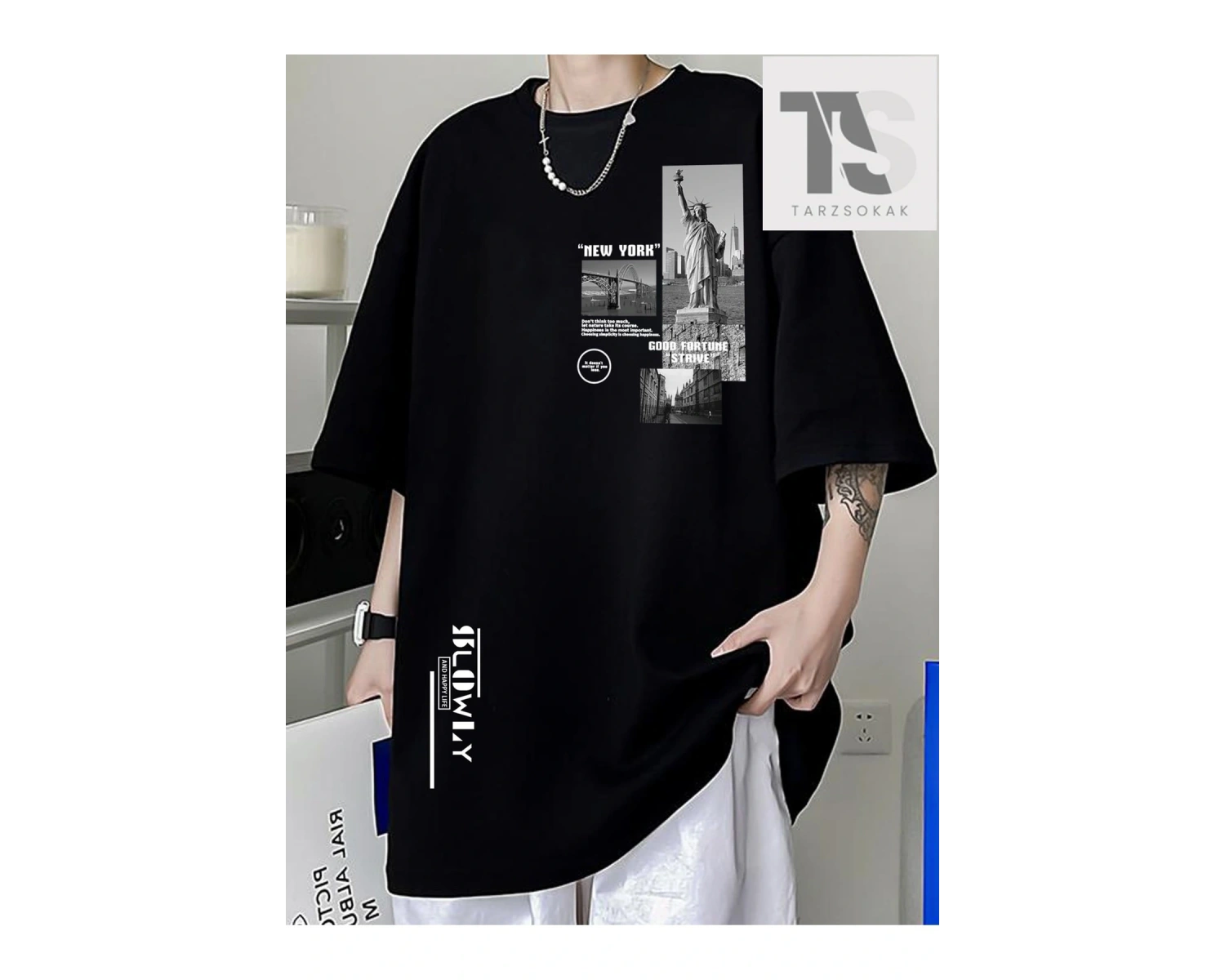 KOD Trend Hypemode Loose Fit Erkek Slogan Grafikli Düşük Omuz Tişört