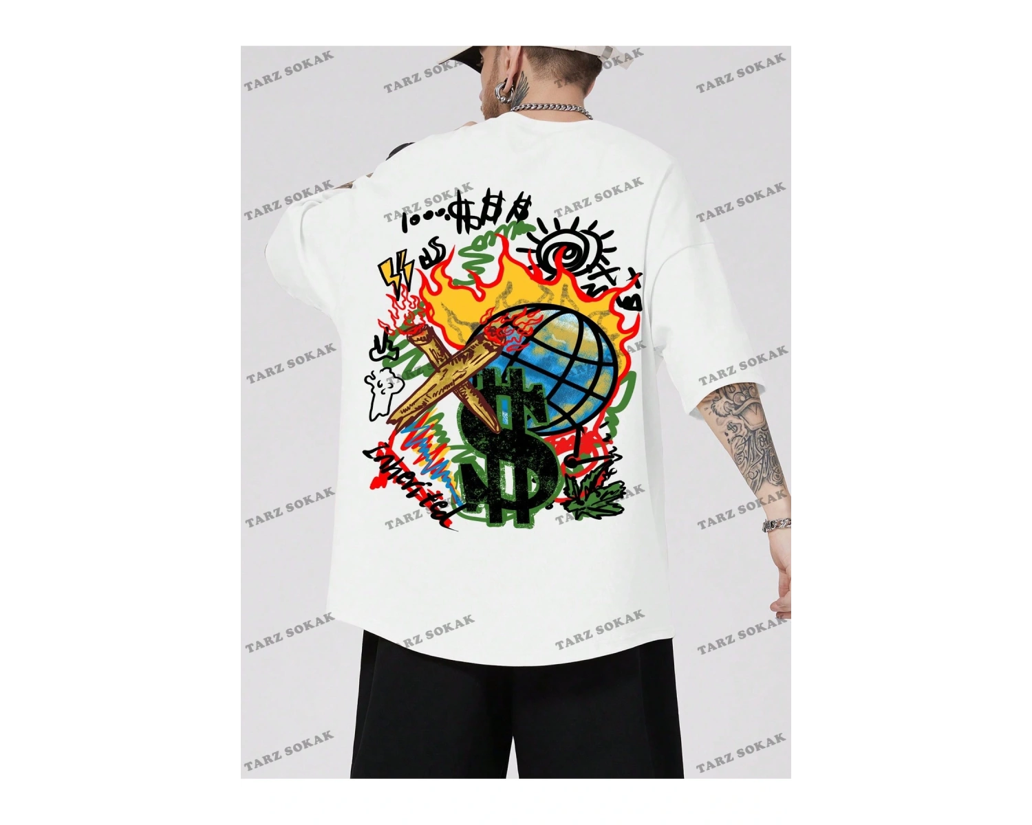 KOD Trend Street Life Erkek Karikatür ve Mektup Grafikli Tişört