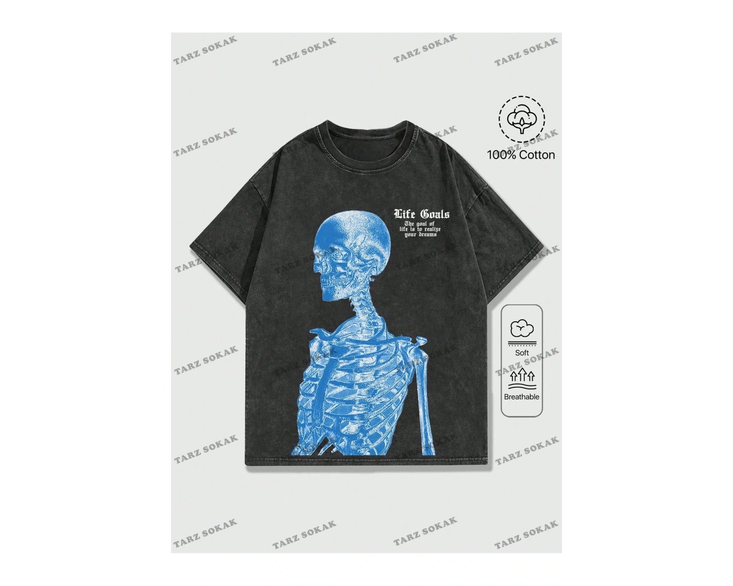 KOD Trend Street Life Erkek Slogan ve İskelet Baskı Damla Omuz Tişört