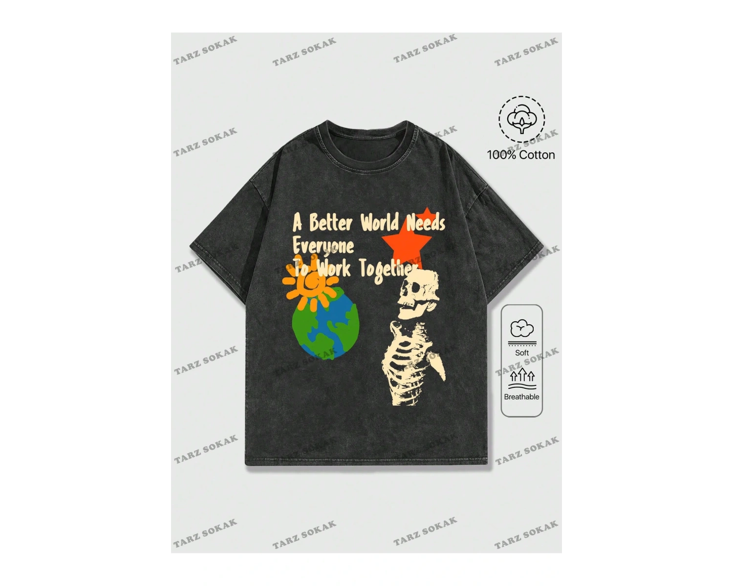 KOD Trend Street Life İlkbahar Yaz Günlük Giyime Uygun Kafatası ve Slogan Baskılı Kısa Kollu Erke