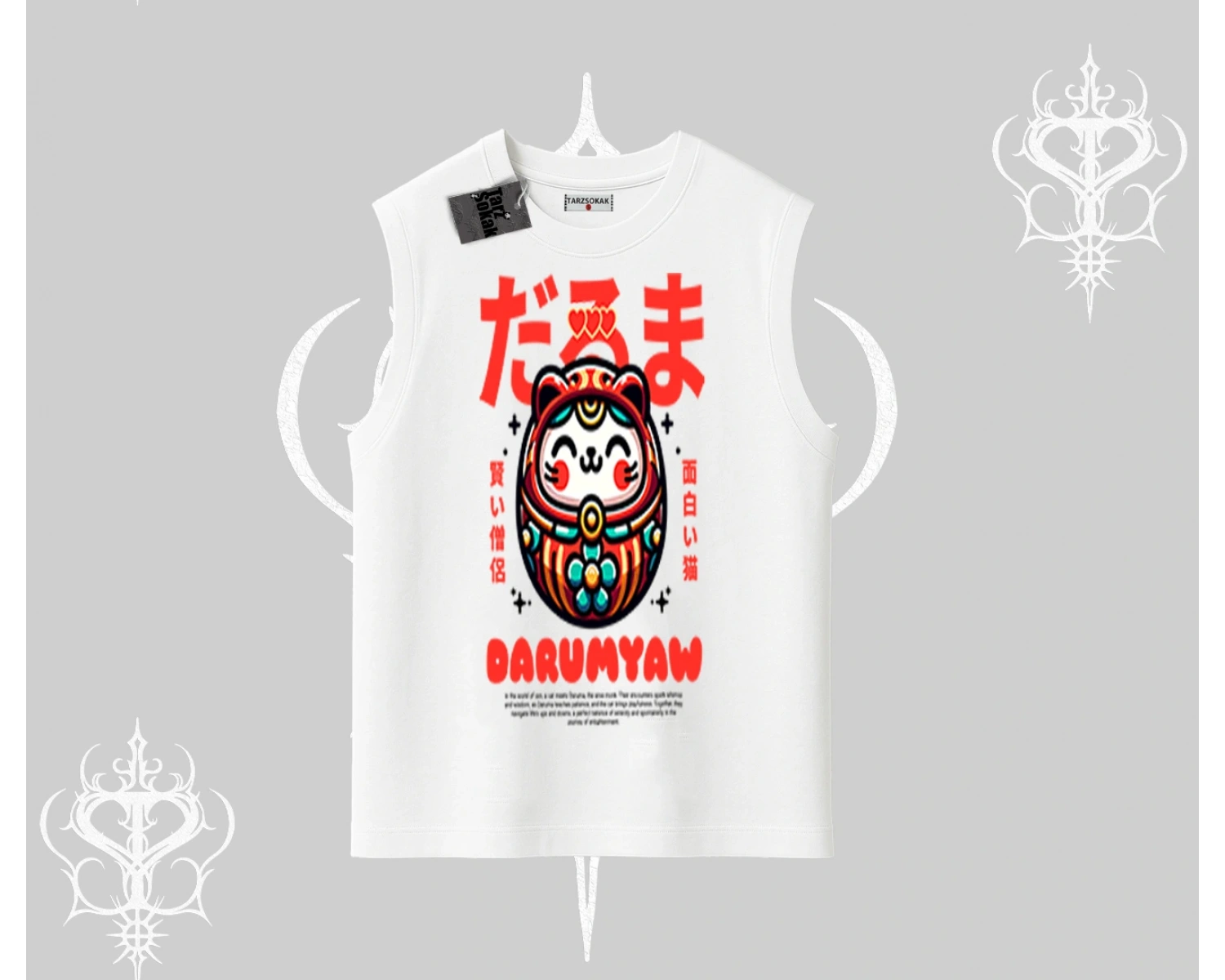 Kolsuz Tshirt Daruma Kedi Anime Baskılı