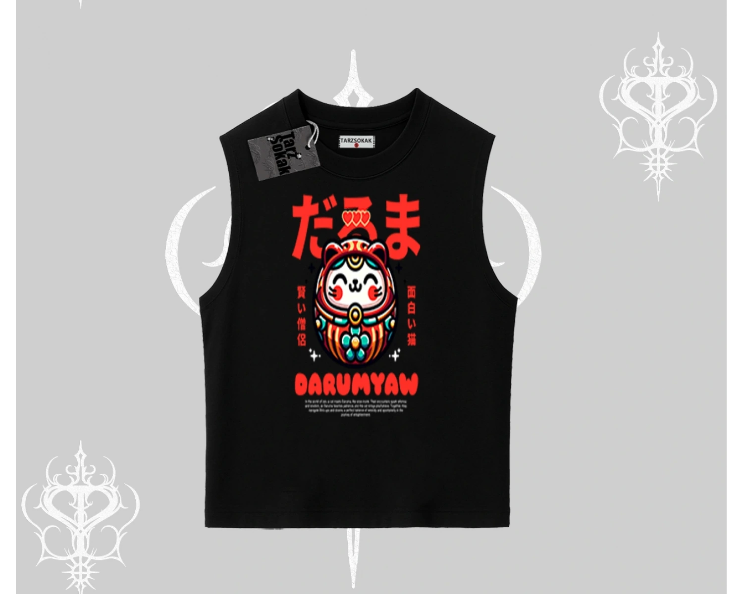 Kolsuz Tshirt Daruma Kedi Anime Baskılı