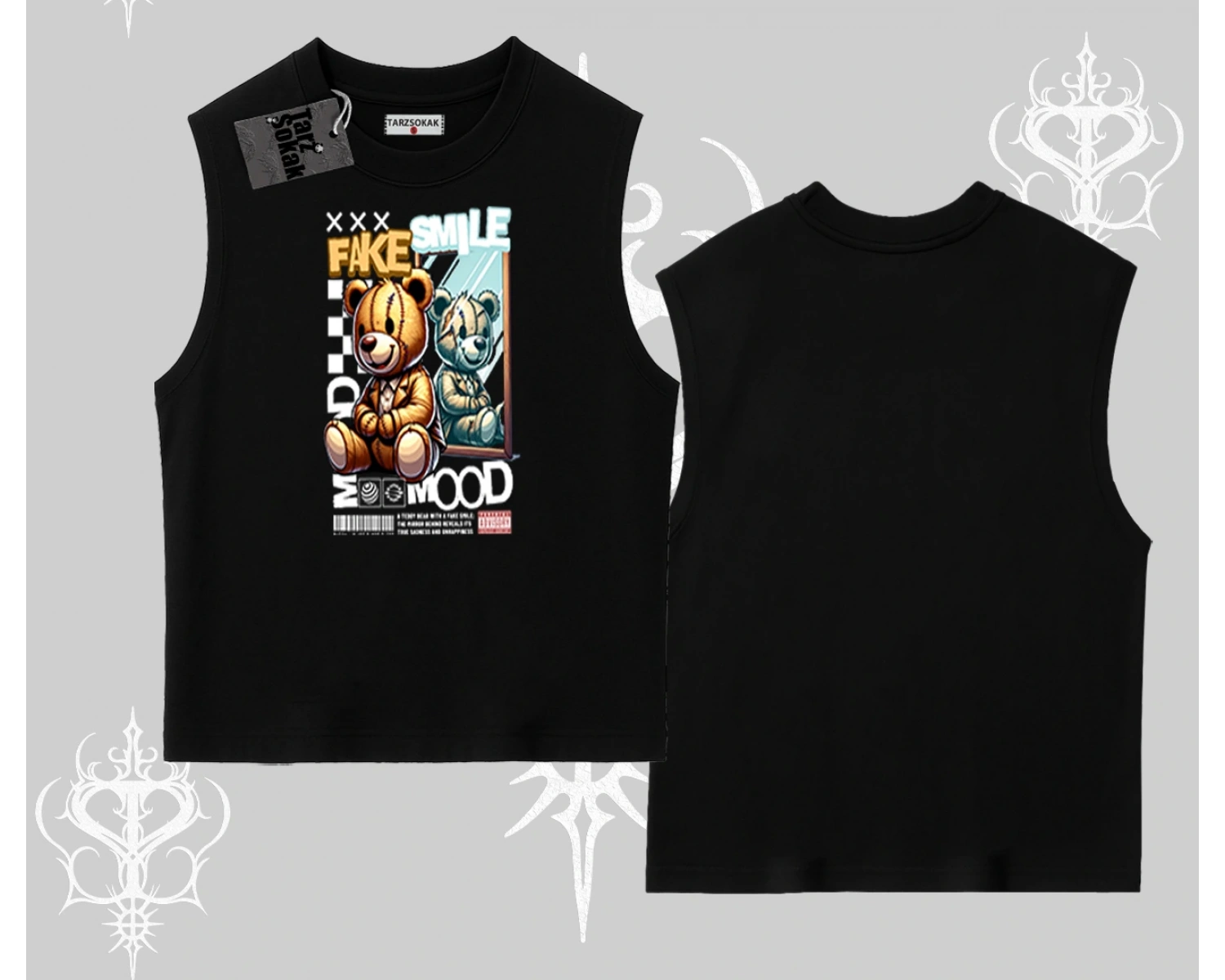 Kolsuz Tshirt Fake Smile Mood Ayıcık Grafik Baskılı