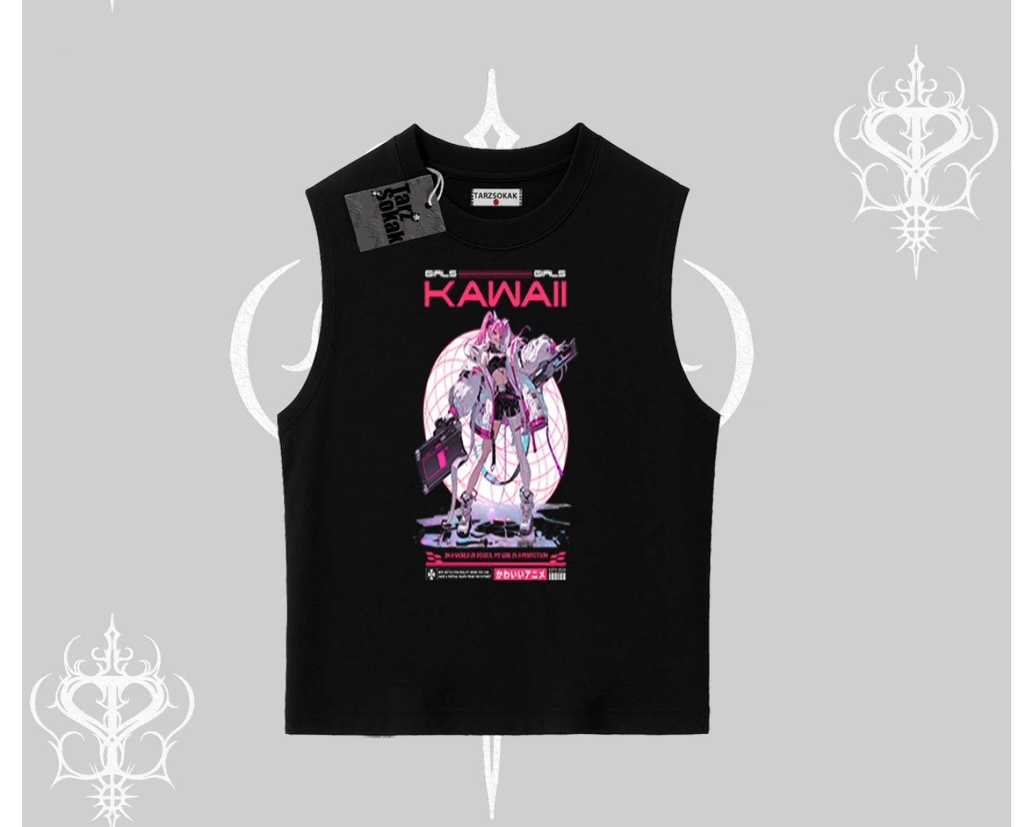 Kolsuz Tshirt Kawaii Cyberpunk Kız Japon Stil Baskı