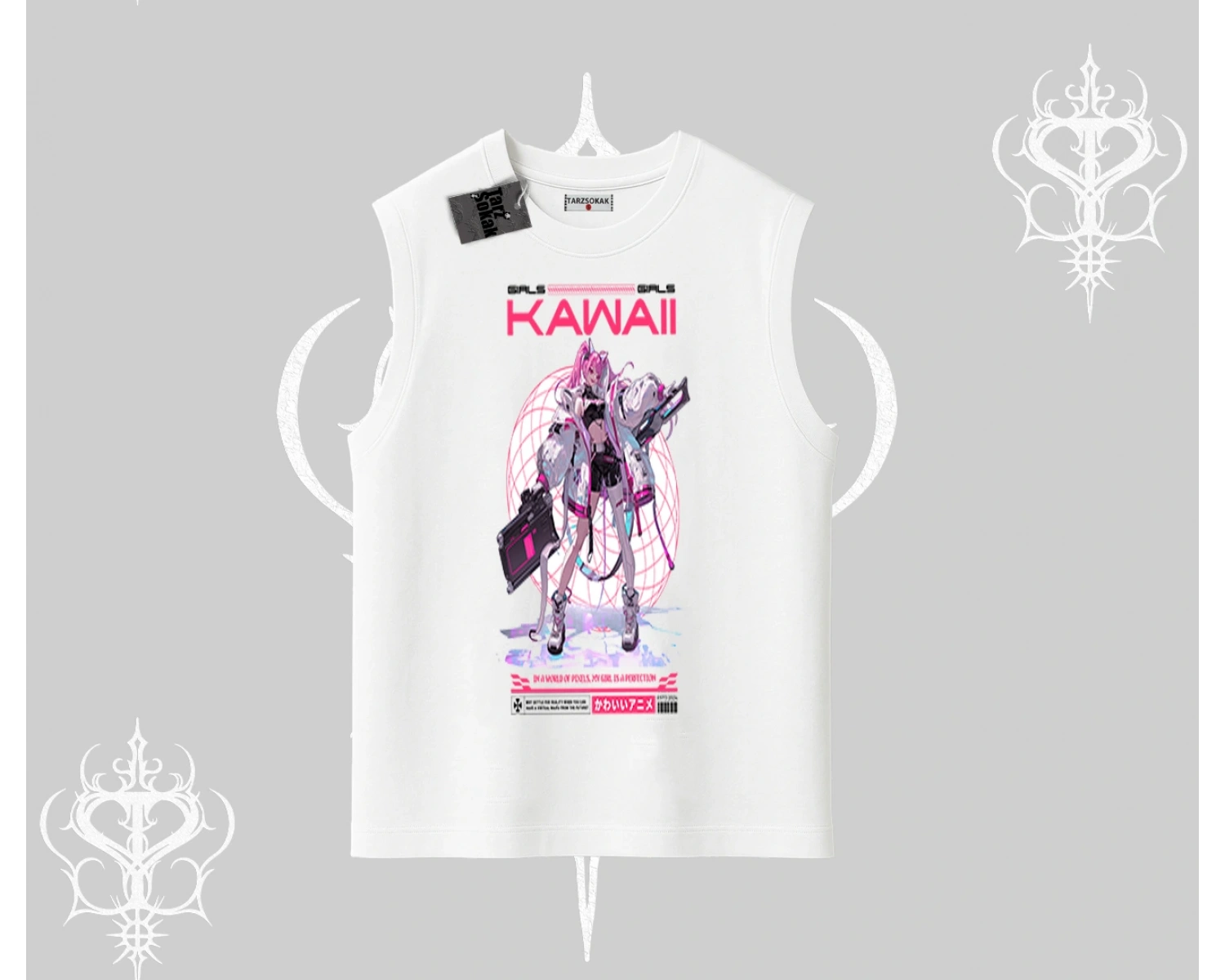 Kolsuz Tshirt Kawaii Cyberpunk Kız Japon Stil Baskı