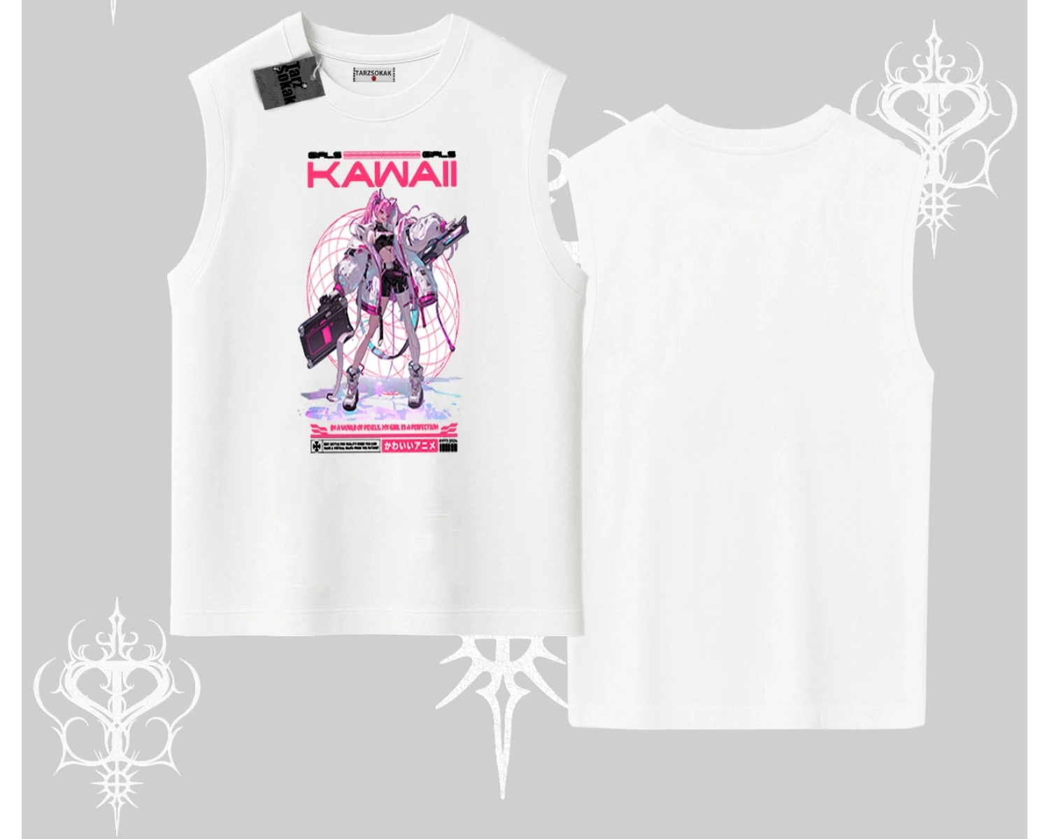 Kolsuz Tshirt Kawaii Cyberpunk Kız Japon Stil Baskı