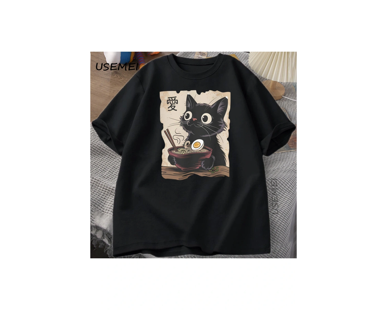 Komik Kedi Ramen Grafik Tee Japon Kawaii Anime Kedi T-Shirt Pamuk Kısa Kollu Büyük Boy Gevşek 2870
