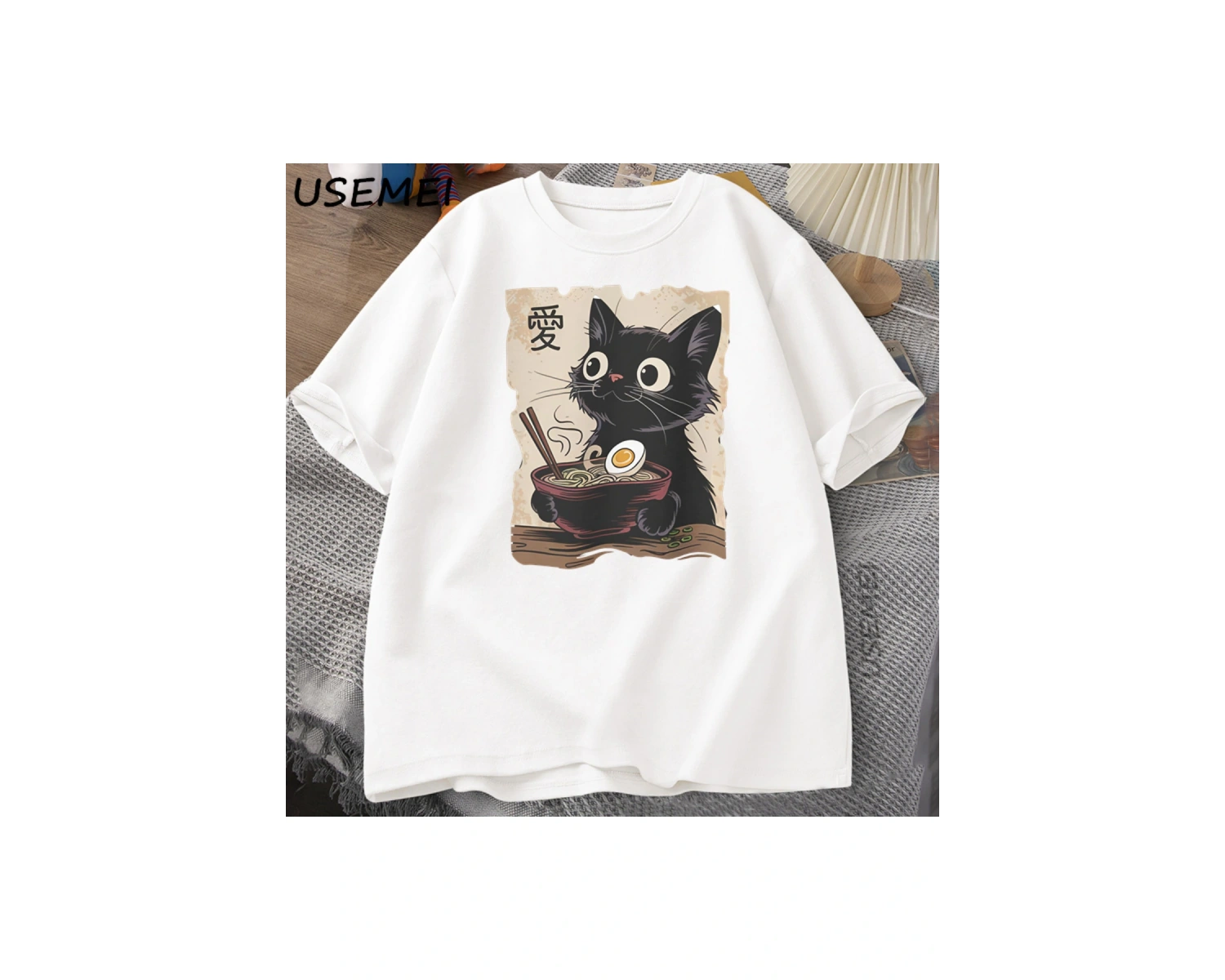Komik Kedi Ramen Grafik Tee Japon Kawaii Anime Kedi T-Shirt Pamuk Kısa Kollu Büyük Boy Gevşek 2870
