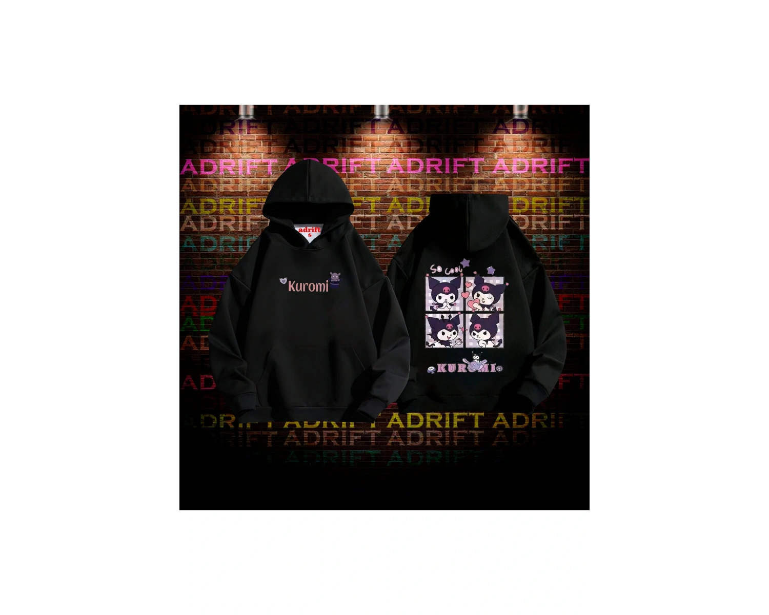 KUROMİ Tasarım Baskılı Kapüşonlu Sweatshirt Hoodie Siyah
