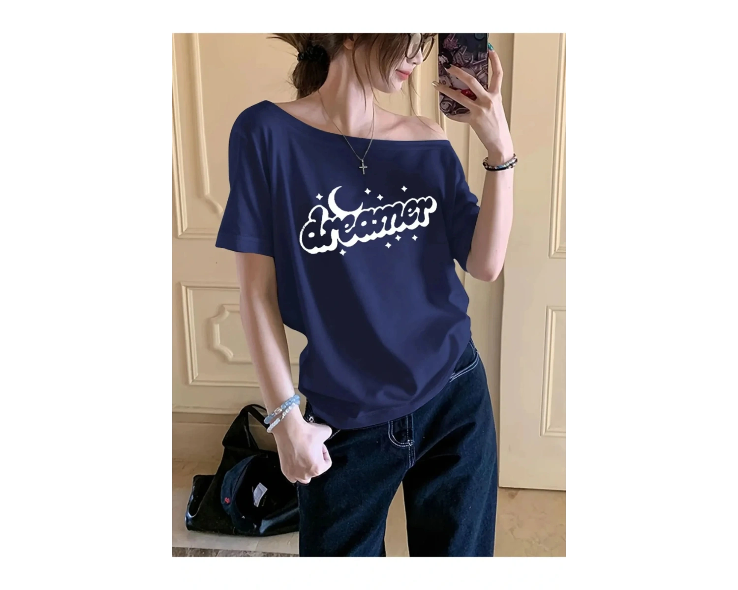 Lacivert Kadın Düşük Omuz Kayık Yaka Dreamer Baskılı