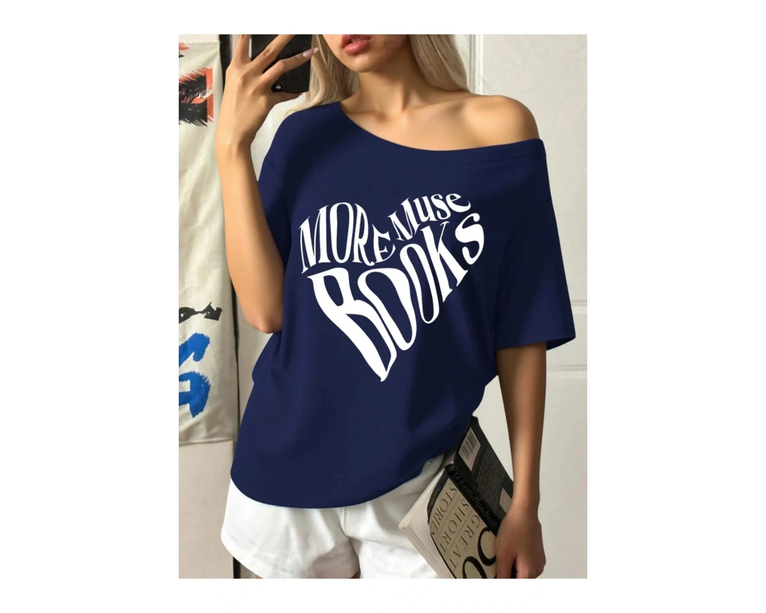 Lacivert Kadın Düşük Omuz Kayık Yaka More Muse Books Baskılı