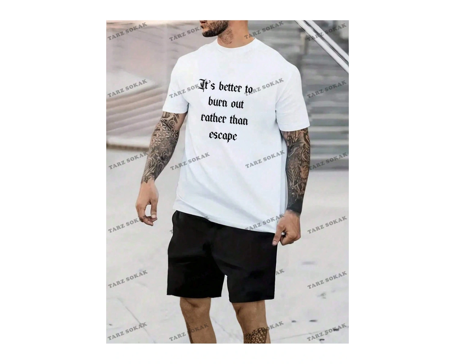 LEGND Erkek Örme Yuvarlak Yaka Kısa Kollu Sloganlı T-Shirt ve Şort Takım