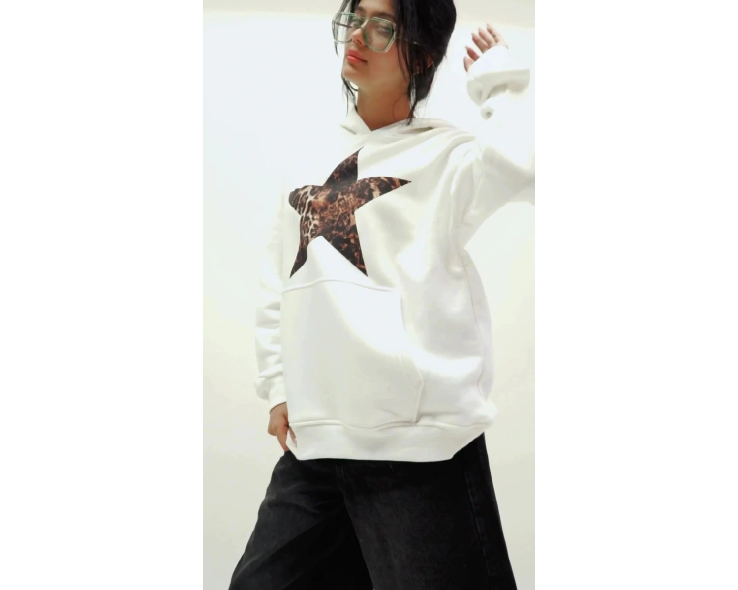 Leopar Falling Star Baskılı Oversize Unisex Premium Beyaz