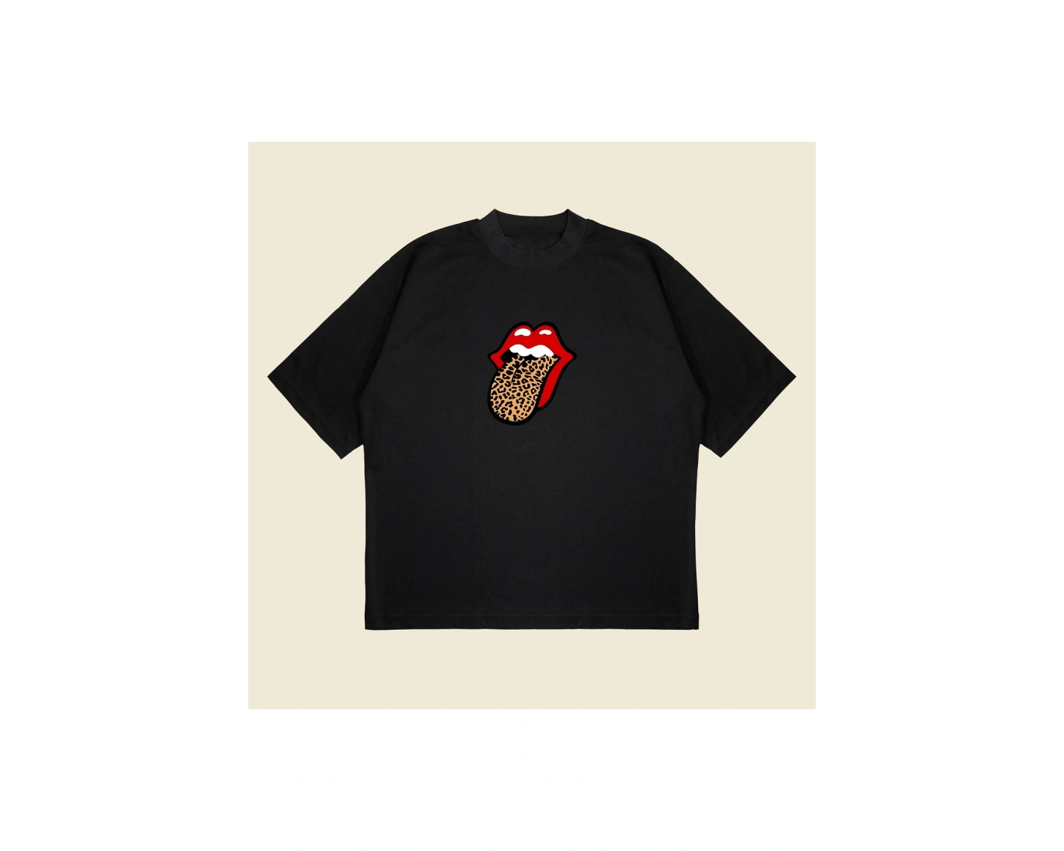 Leopar Rolling Stones Baskılı Oversize Unisex Pamuklu Nefes Alan Kalın Kumaşlı