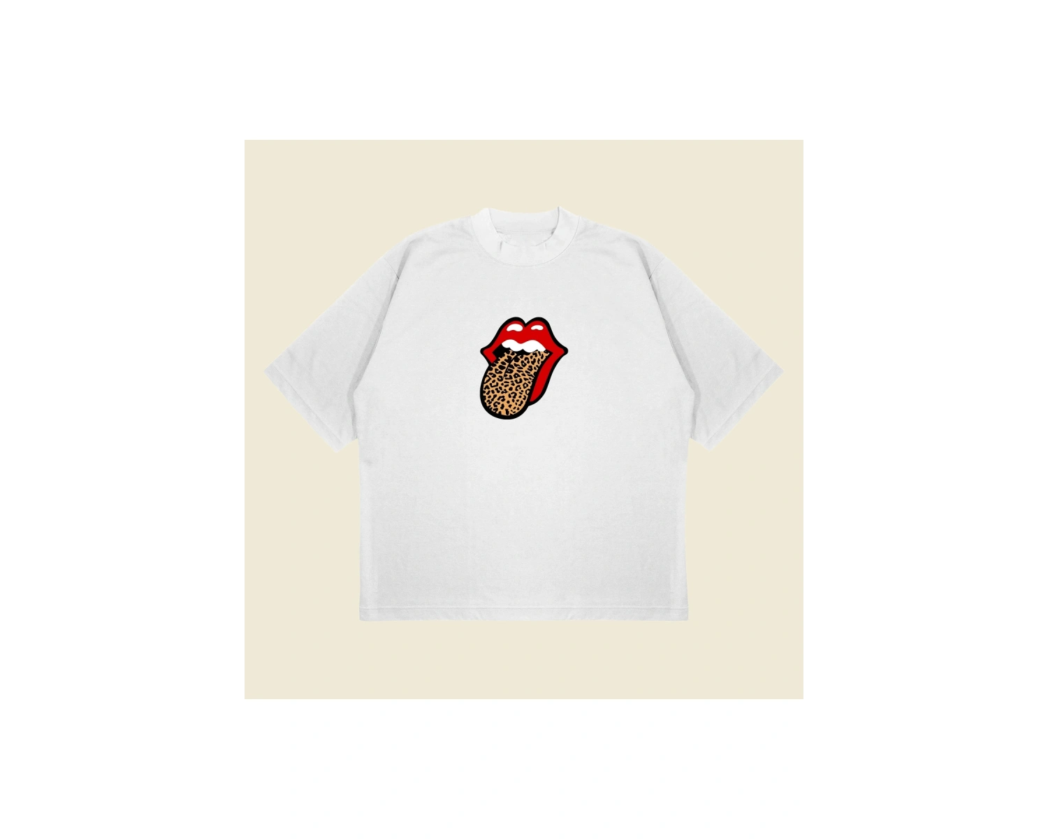 Leopar Rolling Stones Baskılı Oversize Unisex Pamuklu Nefes Alan Kalın Kumaşlı