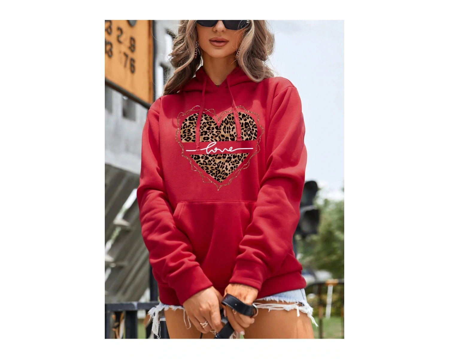 Leopard & Heart Print Kangaroo Pocket Drawstring Hoodie Kırmızı