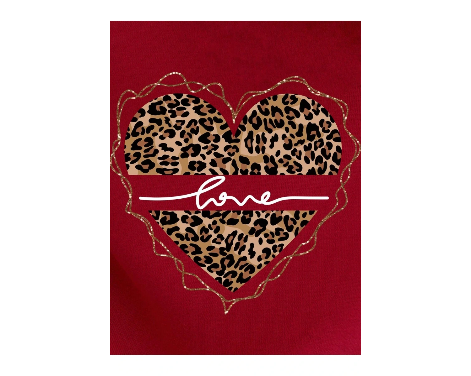 Leopard & Heart Print Kangaroo Pocket Drawstring Hoodie Kırmızı