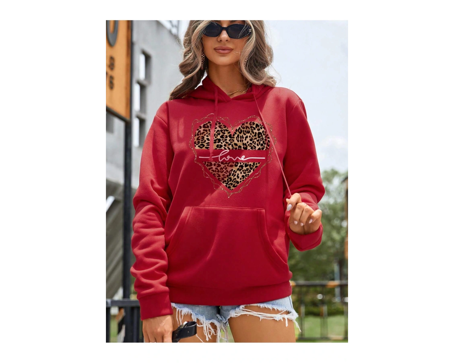 Leopard & Heart Print Kangaroo Pocket Drawstring Hoodie Kırmızı