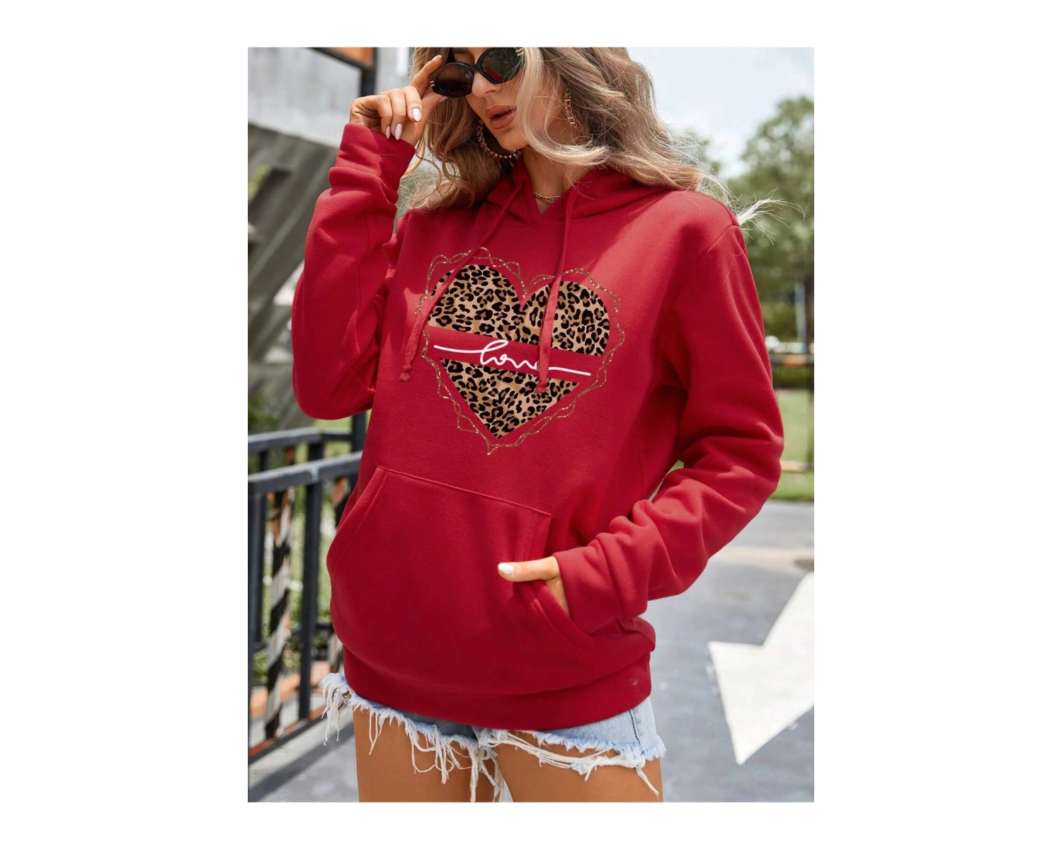 Leopard & Heart Print Kangaroo Pocket Drawstring Hoodie Kırmızı