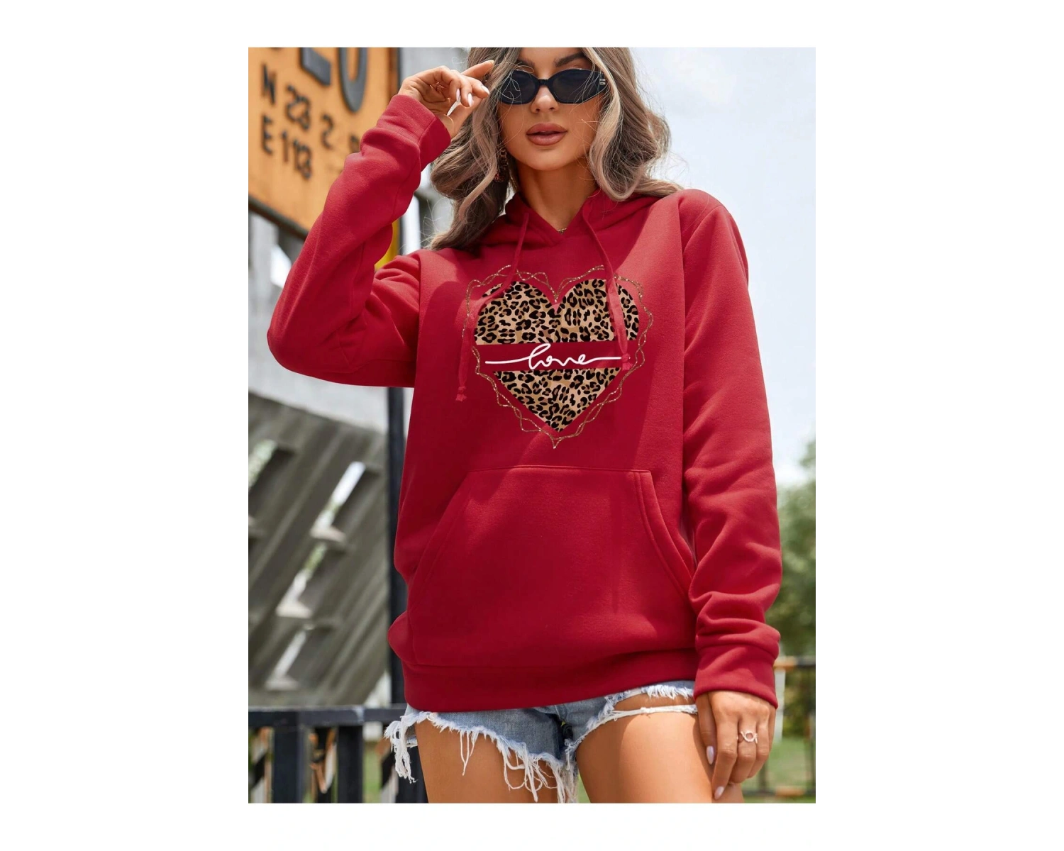Leopard & Heart Print Kangaroo Pocket Drawstring Hoodie Kırmızı