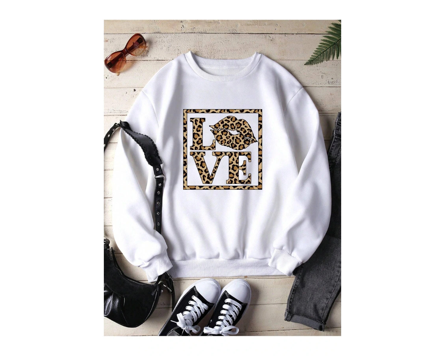 Leopard & Letter Graphic Lined Sweatshirt Beyaz