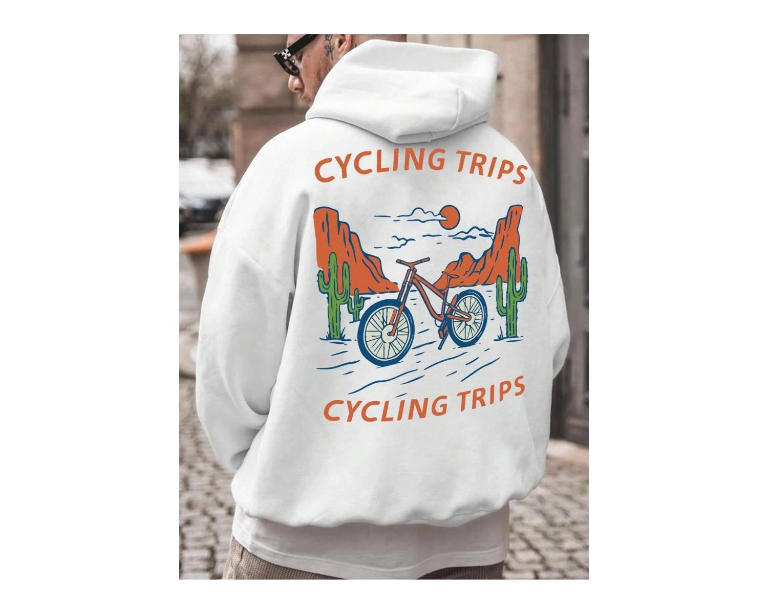 Letter & Bike Print Drop Shoulder Drawstring Hoodie Beyaz