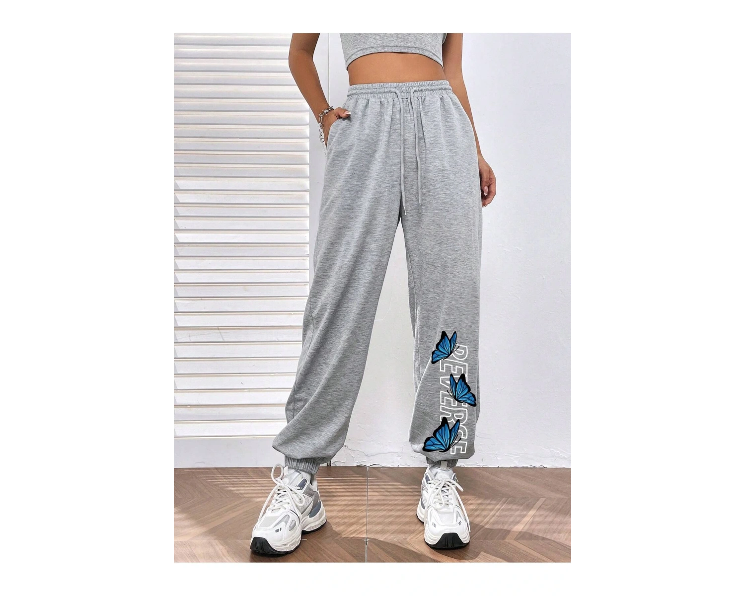 Letter & Butterfly Print Slant Pocket 4 Mevsim Eşofman