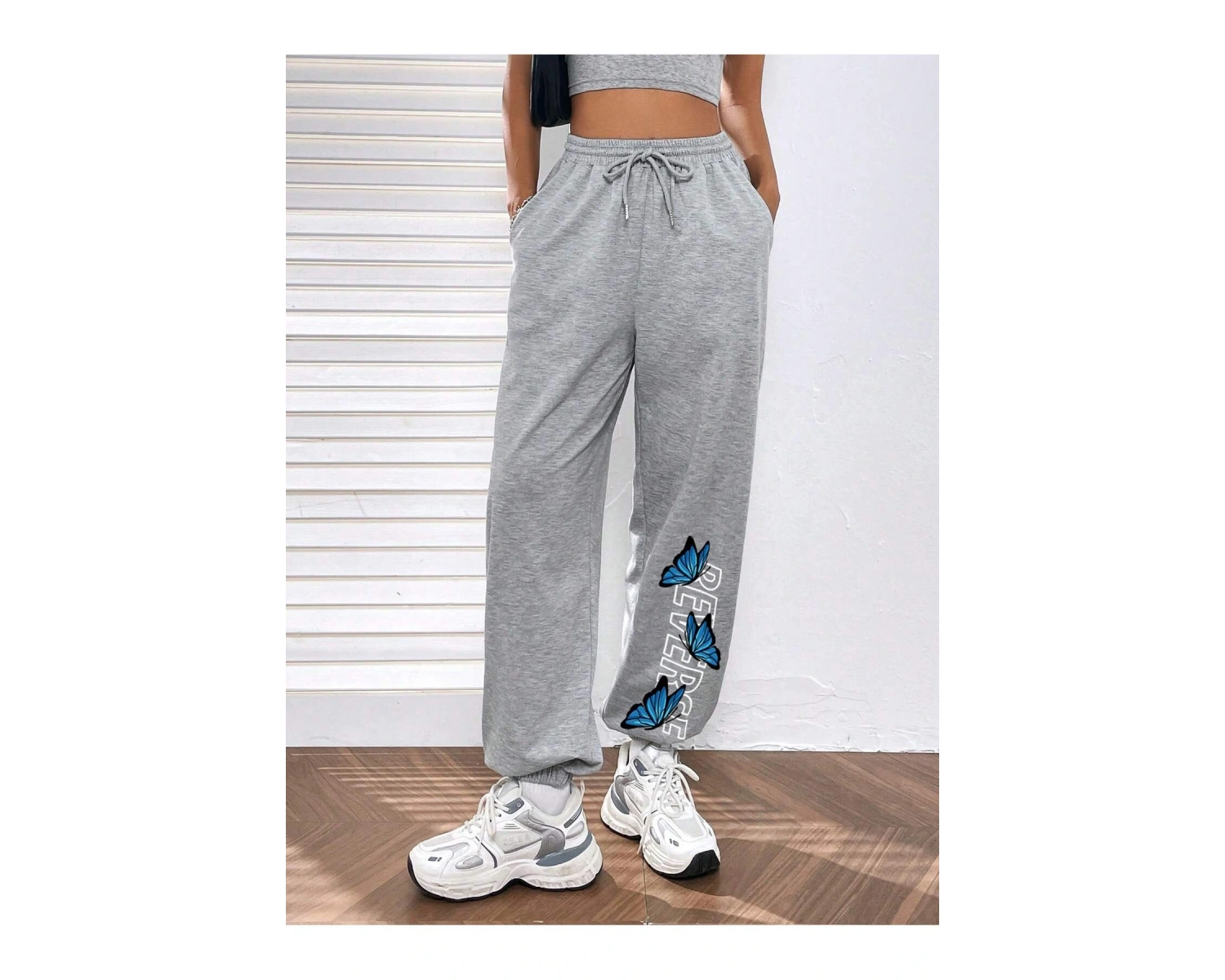 Letter & Butterfly Print Slant Pocket 4 Mevsim Eşofman